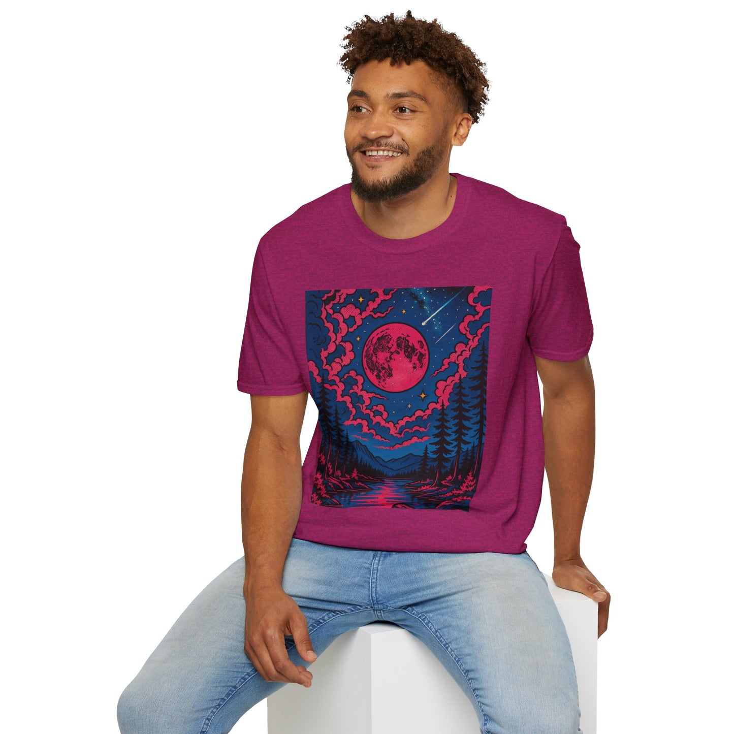 Trippy Red Moon Forest T-Shirt – Surreal Nature Graphic Tee • Psychedelic Night Sky Shirt • Gildan Softstyle® Unisex • Gift for Nature Lovers