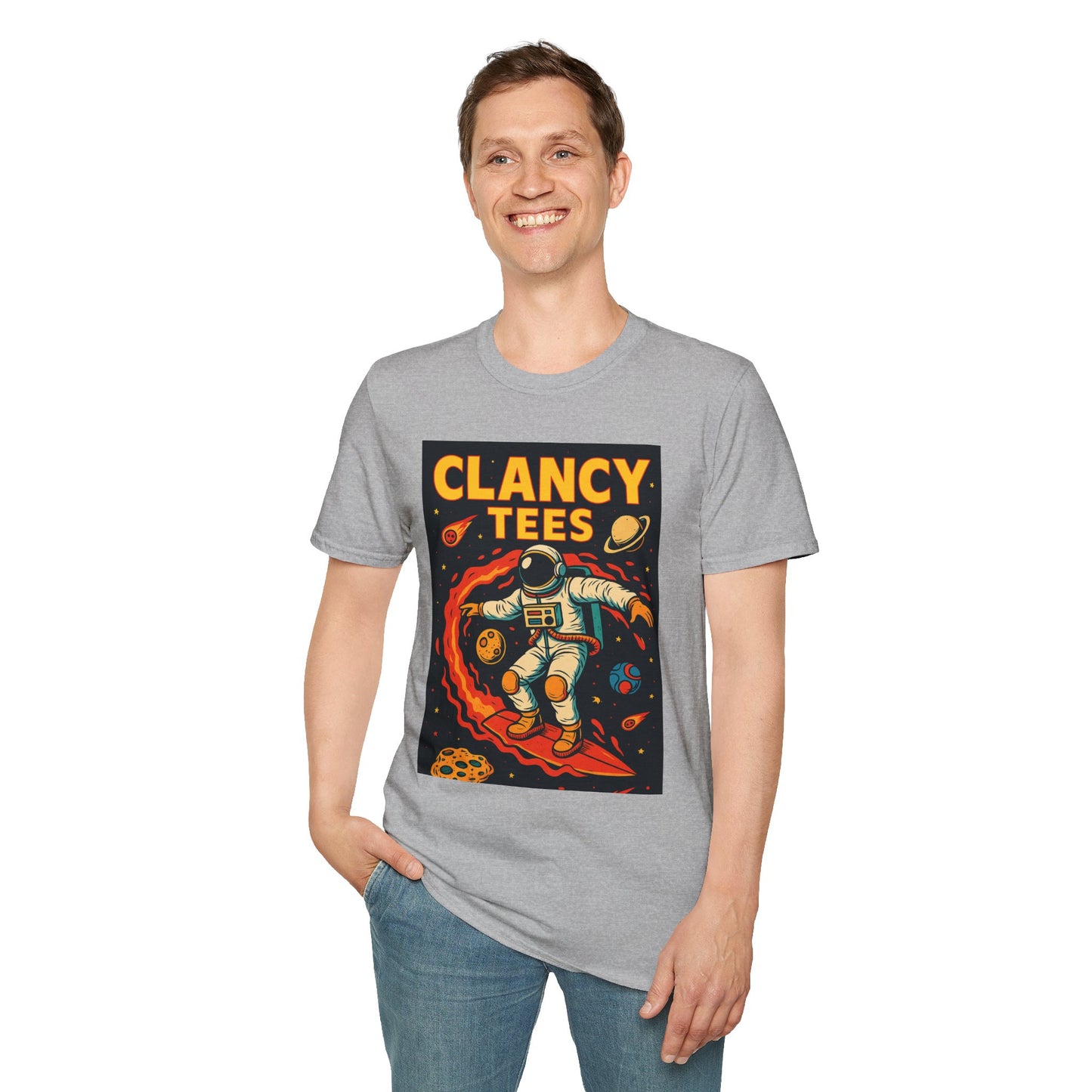 Astronaut Surfing T-Shirt – Outer Space Surfer Tee – Gift for Sci-Fi Beach Bums, Stoner Surfers, and Cosmic Wave Riders