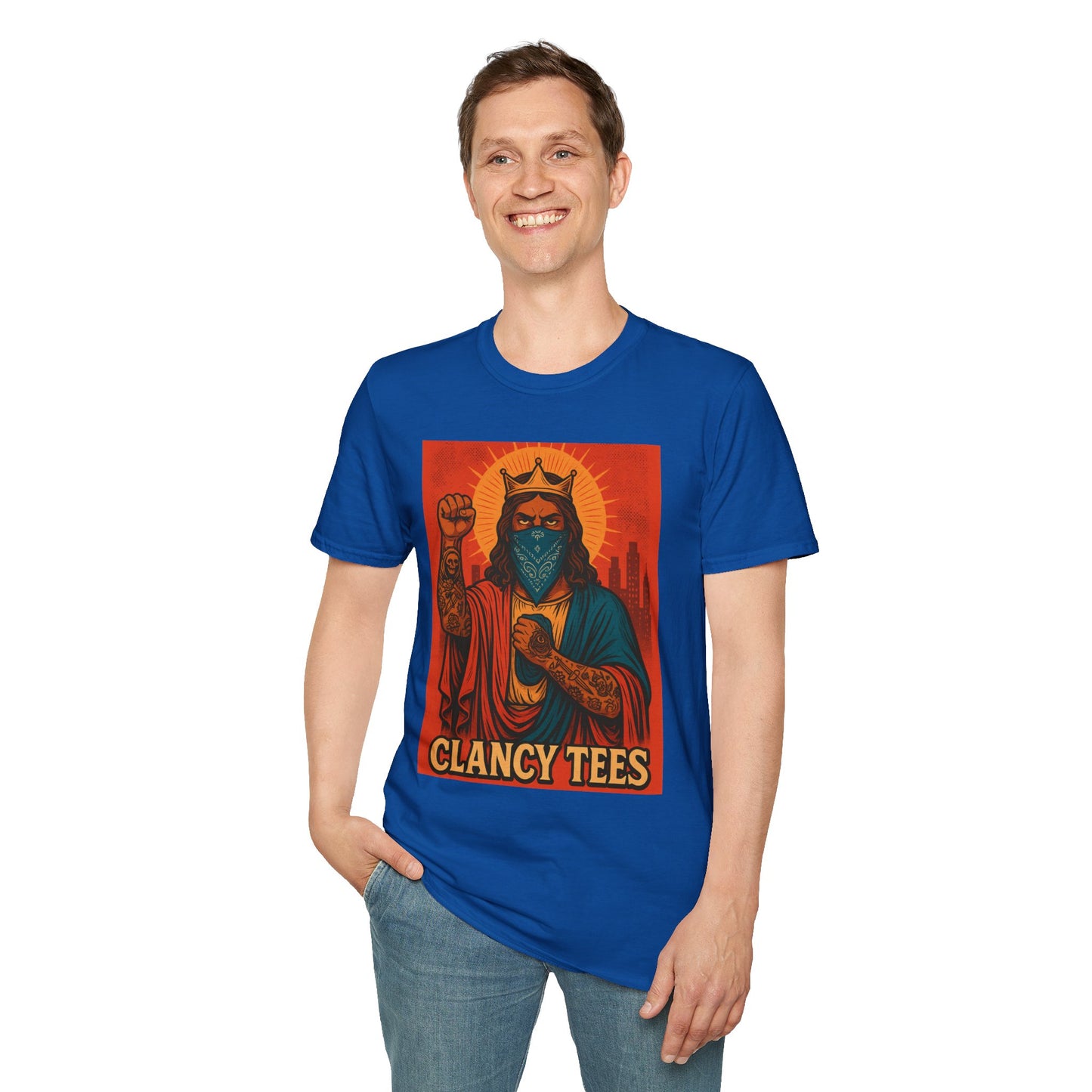Tattooed Jesus Street Art Shirt – Clancy Tees | Urban Messiah Graphic Tee | Bold Religious Satire Shirt | King of the Block Tee