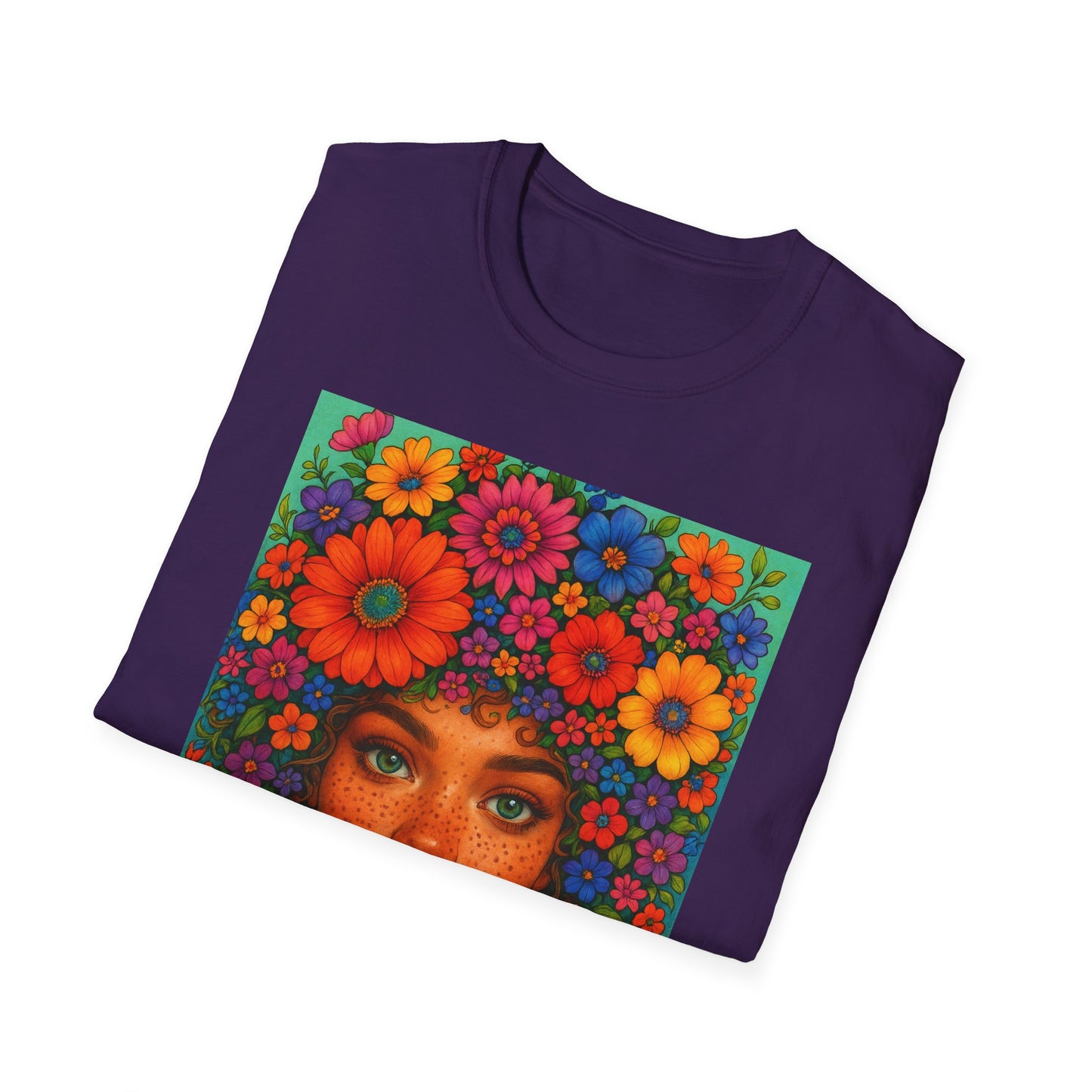 Flower Crown Woman T-Shirt – Afro Boho Floral Portrait Tee – Vibrant Art Shirt Gift for Nature Lovers, Hippies, Artists, and Bold Aesthetic Queens
