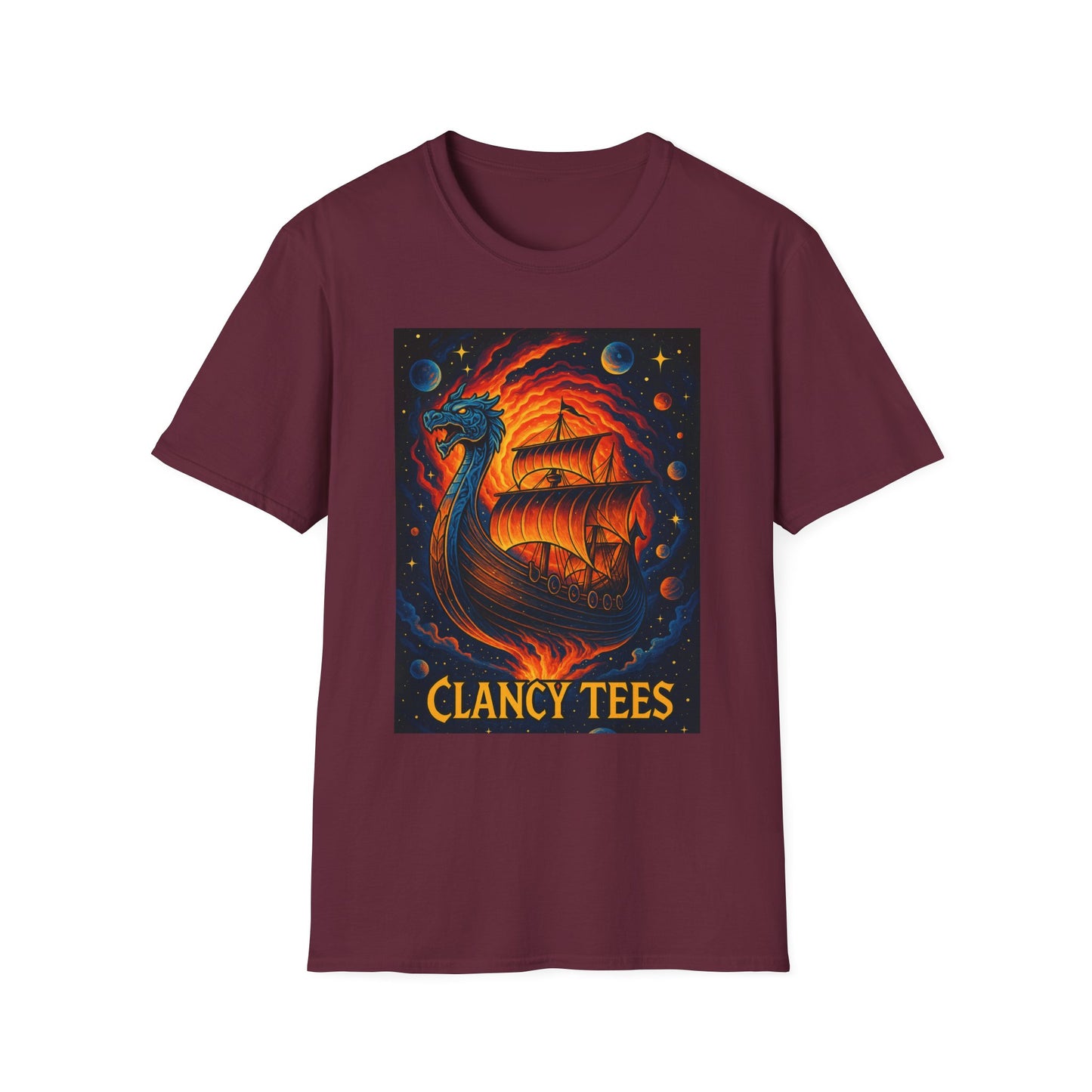 Viking Ship Dragon Shirt – Trippy Norse Mythology Tee with Fiery Cosmic Art – Bold Fantasy Graphic – Gift for Myth Lovers and Warrior Souls