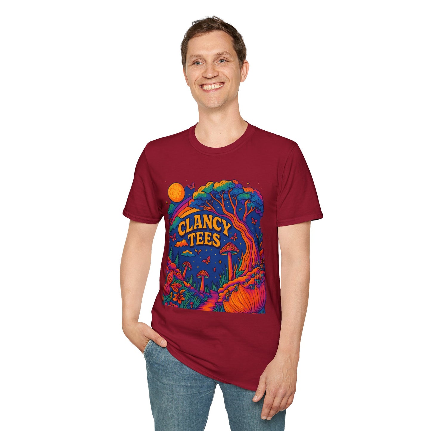 Colorful Nature-Themed Unisex Softstyle T-Shirt - Bohemian Vibe, Perfect for Festivals, Gift for Nature Lovers, Casual Wear, Clancy Tees