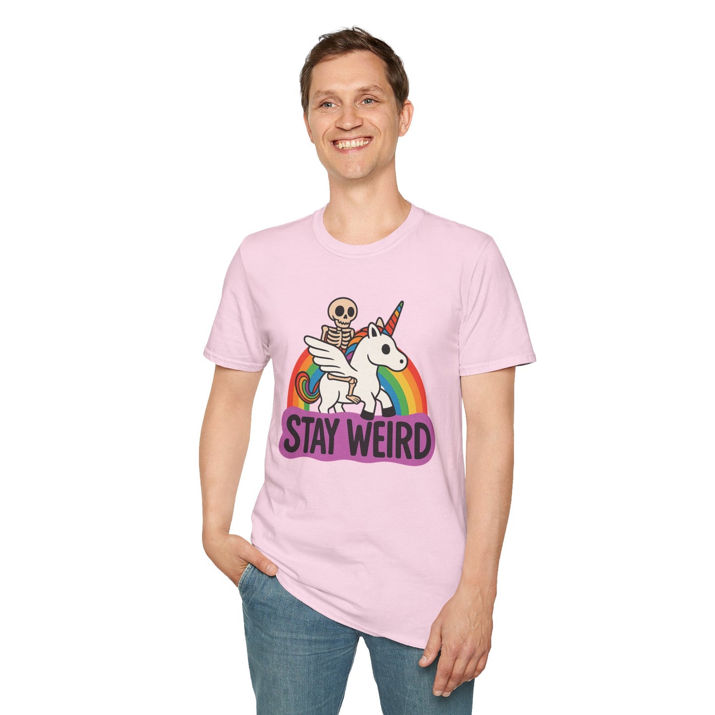 Stay Weird Skeleton Unicorn Shirt – Funny Rainbow Graphic Tee – Whimsical Weirdcore Clothing – Gift for Quirky Friends and Oddball Souls