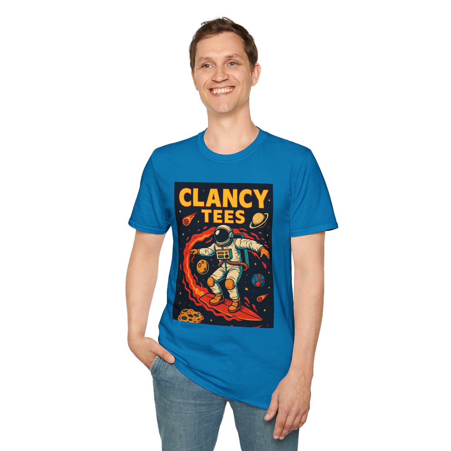 Astronaut Surfing T-Shirt – Outer Space Surfer Tee – Gift for Sci-Fi Beach Bums, Stoner Surfers, and Cosmic Wave Riders