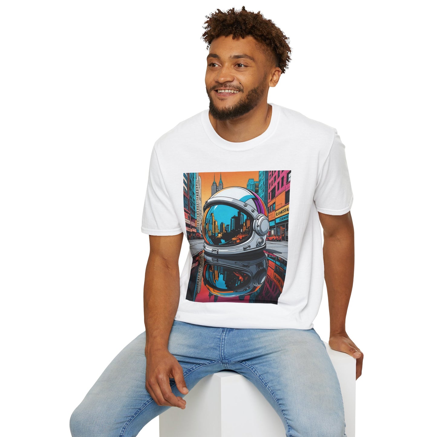 City Astronaut Reflection T-Shirt – Urban Space Art Tee – Gift for Sci-Fi Fans, Streetwear Addicts, and Cosmic Daydreamers