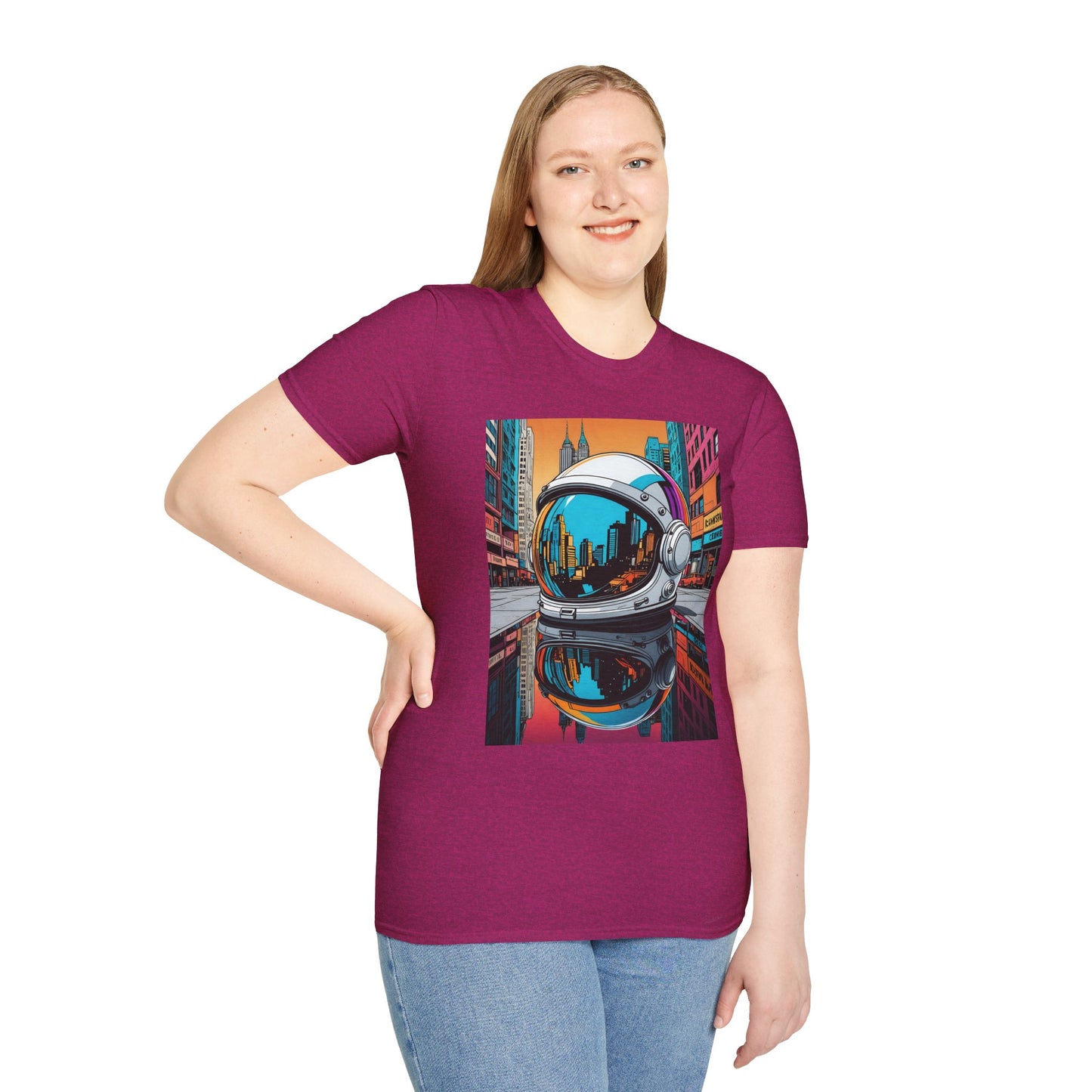 City Astronaut Reflection T-Shirt – Urban Space Art Tee – Gift for Sci-Fi Fans, Streetwear Addicts, and Cosmic Daydreamers