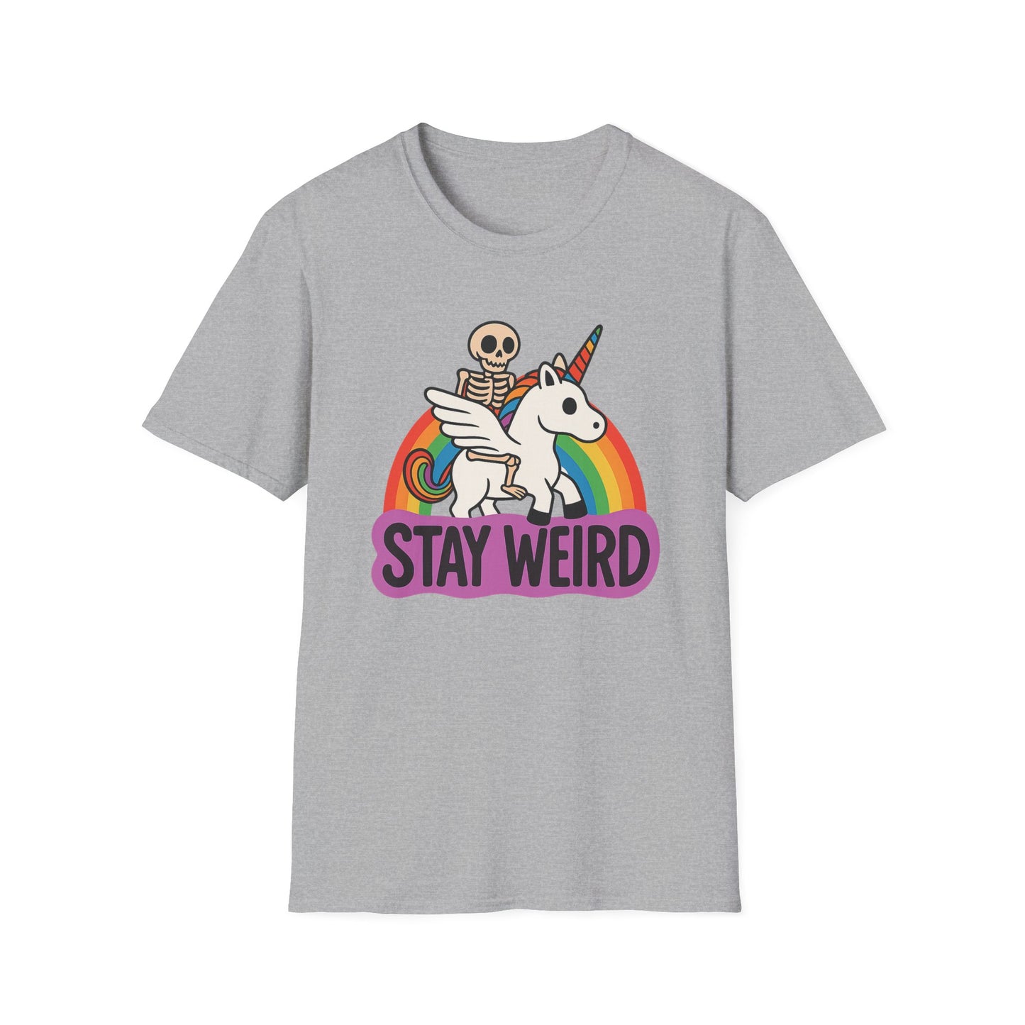 Stay Weird Skeleton Unicorn Shirt – Funny Rainbow Graphic Tee – Whimsical Weirdcore Clothing – Gift for Quirky Friends and Oddball Souls