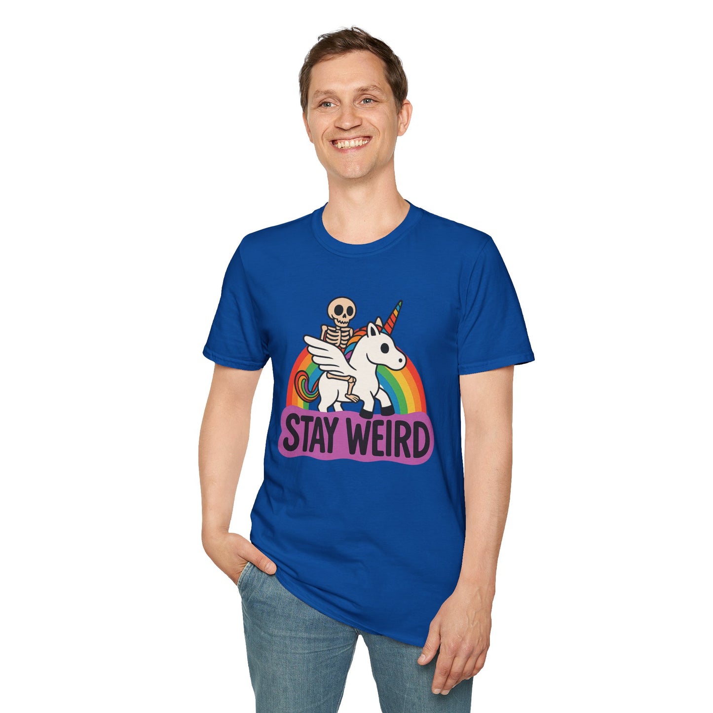 Stay Weird Skeleton Unicorn Shirt – Funny Rainbow Graphic Tee – Whimsical Weirdcore Clothing – Gift for Quirky Friends and Oddball Souls