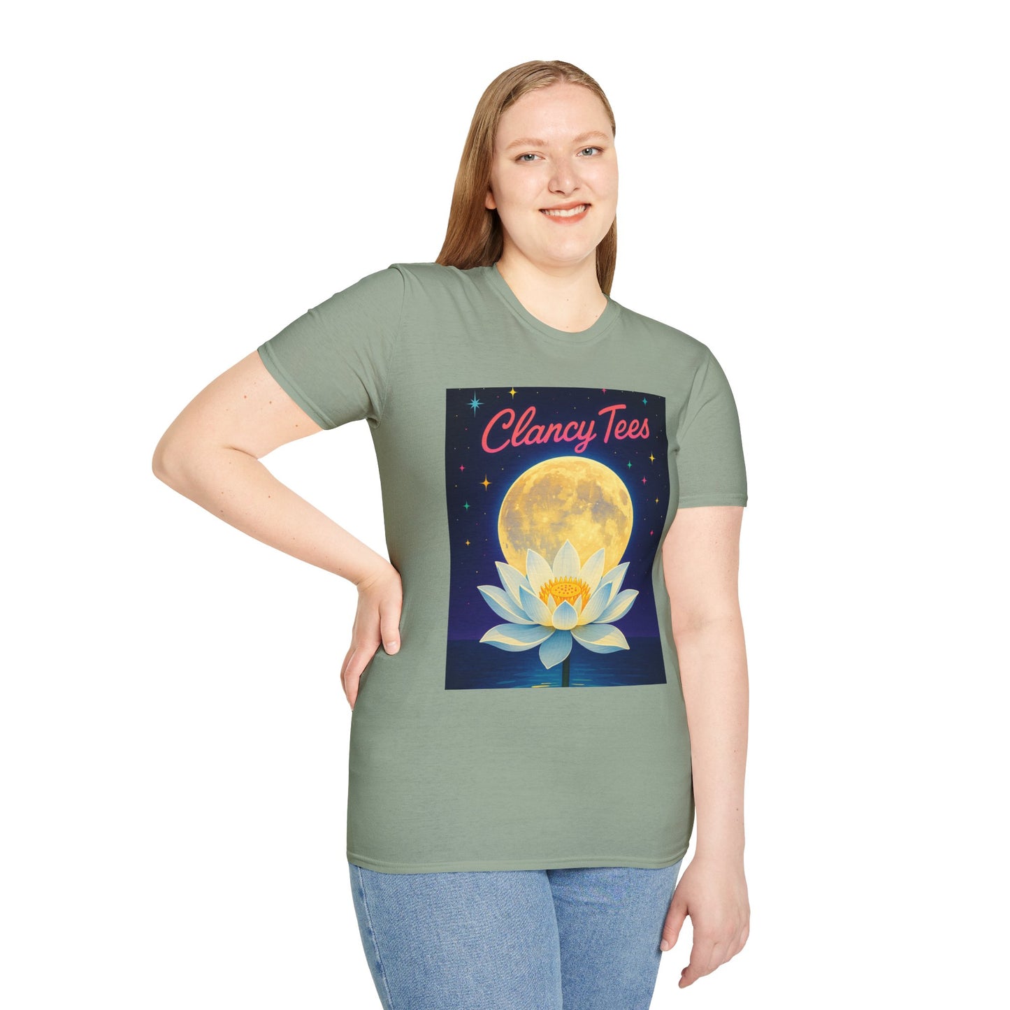 Moon Lotus Clancy Tees Shirt – Ethereal Floral T-Shirt with Full Moon Art – Gift for Nature Lovers, Yogis, Dreamers & Spiritual Aesthetic Fans