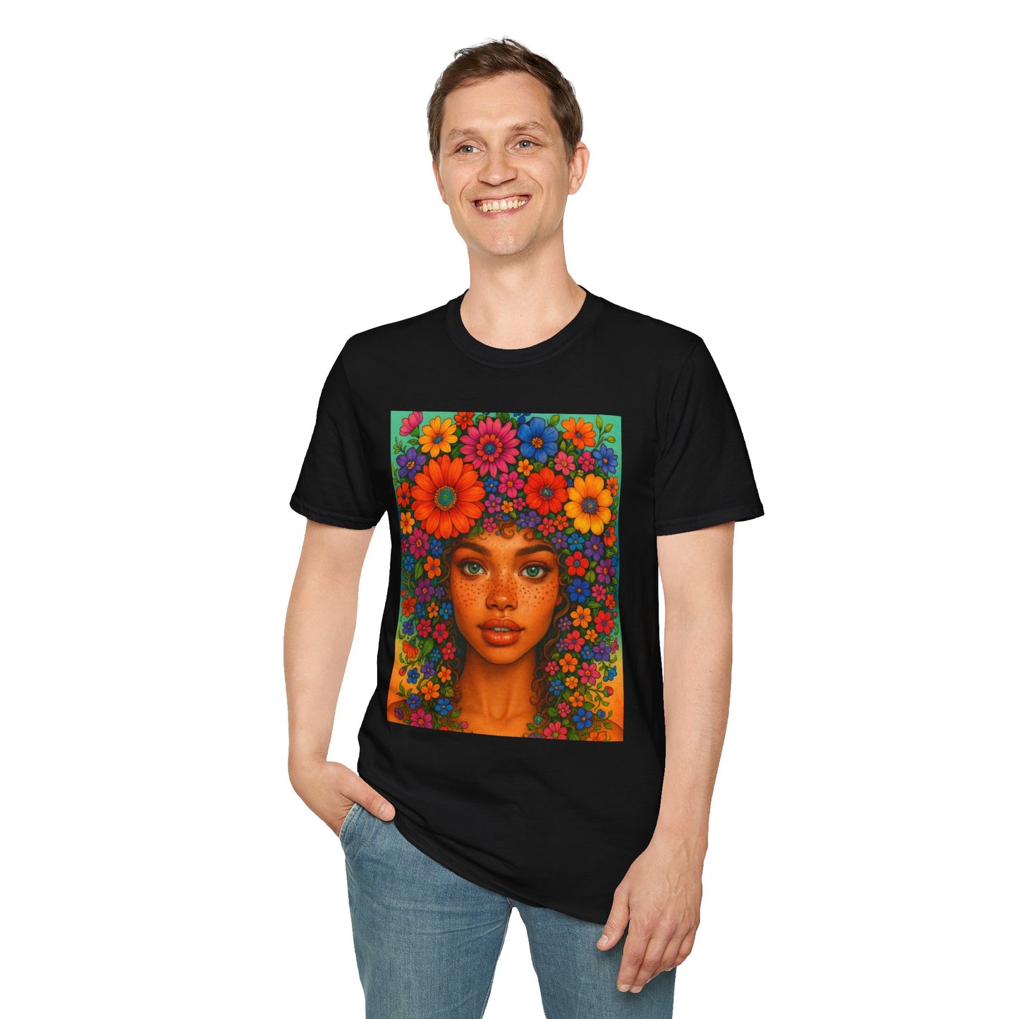 Flower Crown Woman T-Shirt – Afro Boho Floral Portrait Tee – Vibrant Art Shirt Gift for Nature Lovers, Hippies, Artists, and Bold Aesthetic Queens