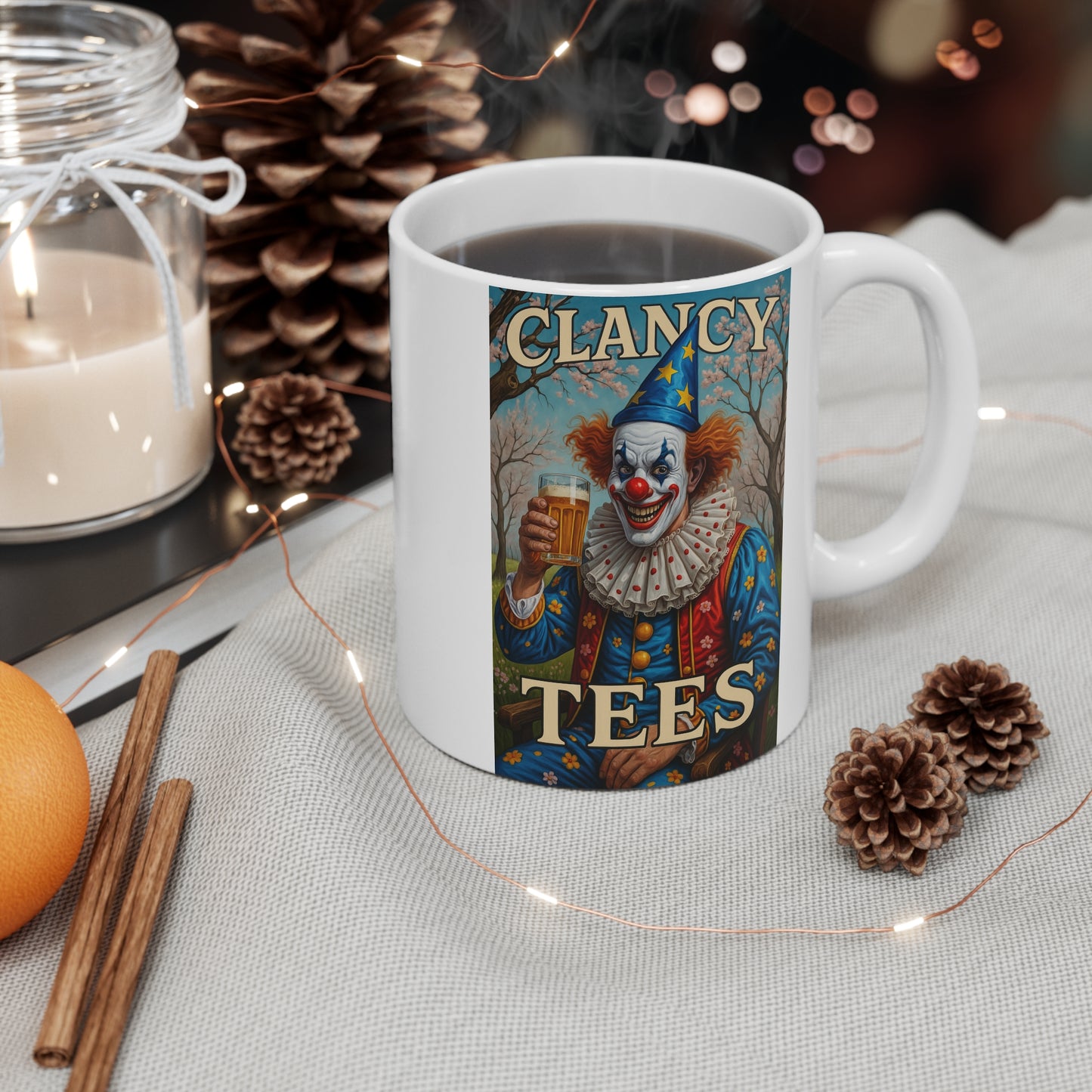 Creepy Clown Ceramic Mug 11oz – Funny Scary Coffee Cup, Dark Humor Drinkware, Bold Circus Artwork