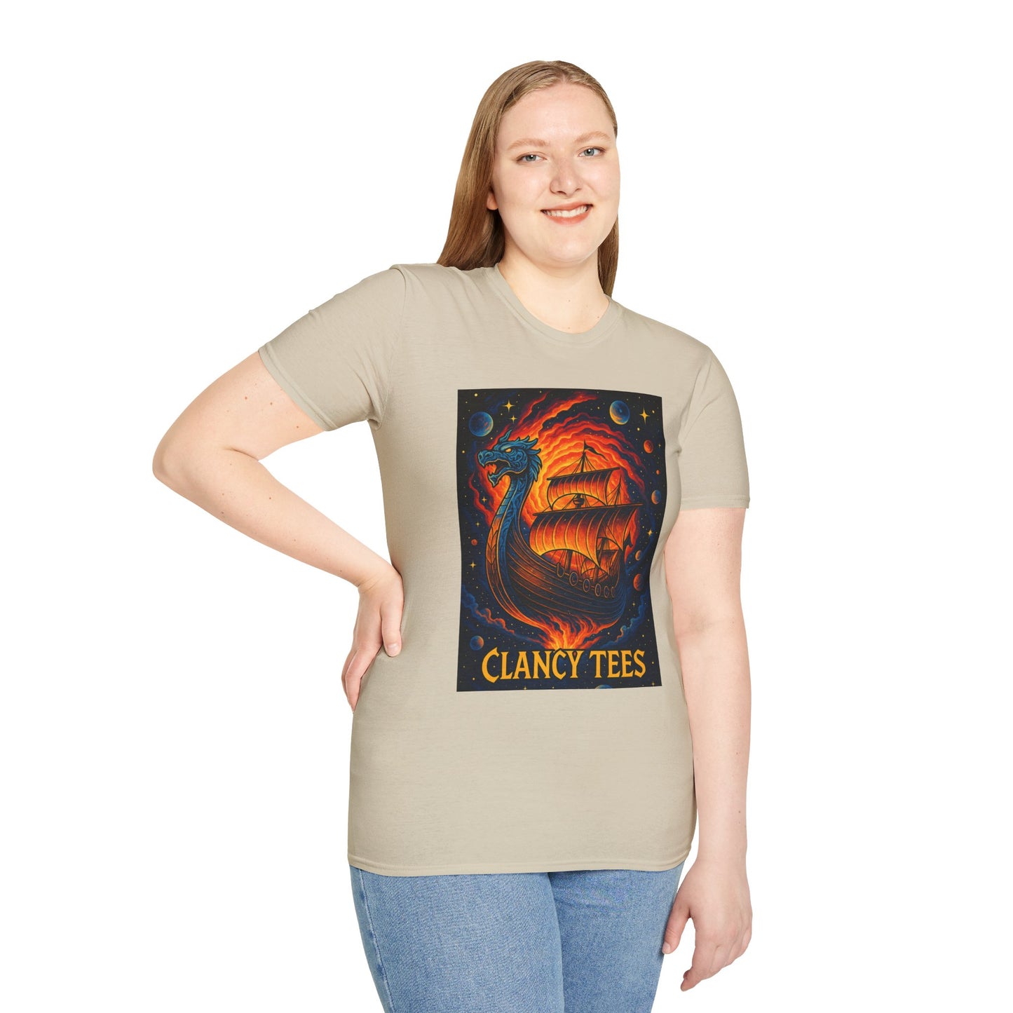 Viking Ship Dragon Shirt – Trippy Norse Mythology Tee with Fiery Cosmic Art – Bold Fantasy Graphic – Gift for Myth Lovers and Warrior Souls