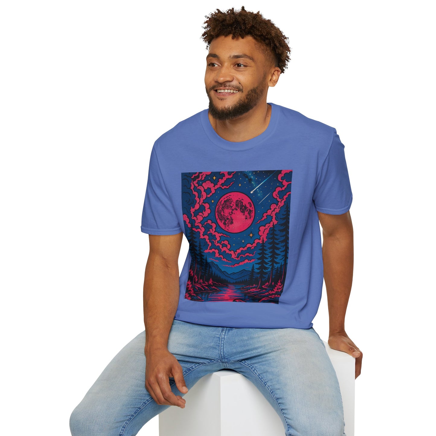 Trippy Red Moon Forest T-Shirt – Surreal Nature Graphic Tee • Psychedelic Night Sky Shirt • Gildan Softstyle® Unisex • Gift for Nature Lovers