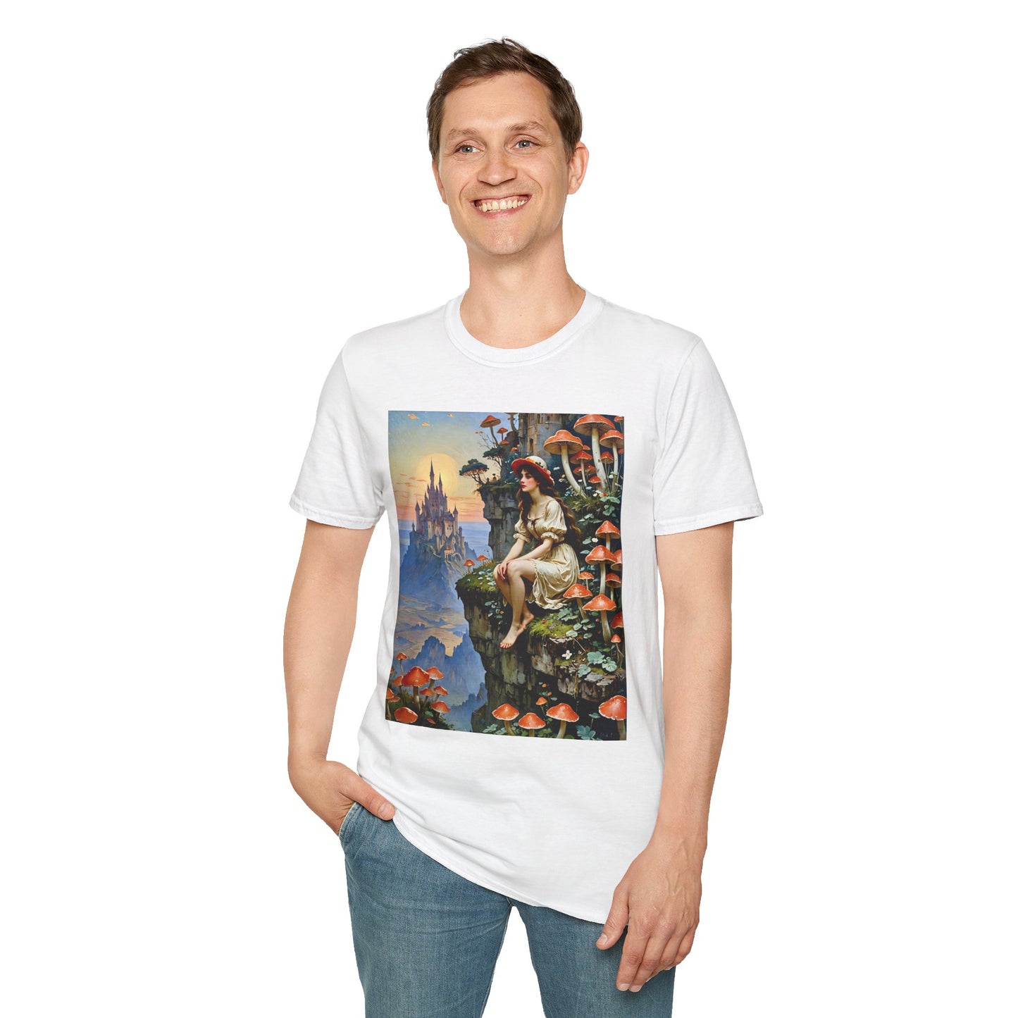 Fantasy Mushroom Fairy T-Shirt Enchanted Castle Cliffside Tee Surreal Magic Art Shirt Gift for Fantasy Fans Gift for Dreamers Psychedelic Nature Tee