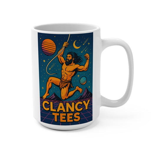 Cosmic Caveman Coffee Mug Funny 15oz Ceramic Cup Retro Sci Fi Gift For Myth Lovers Bold Humor Morning Drinkware Unique ClancyTees Design