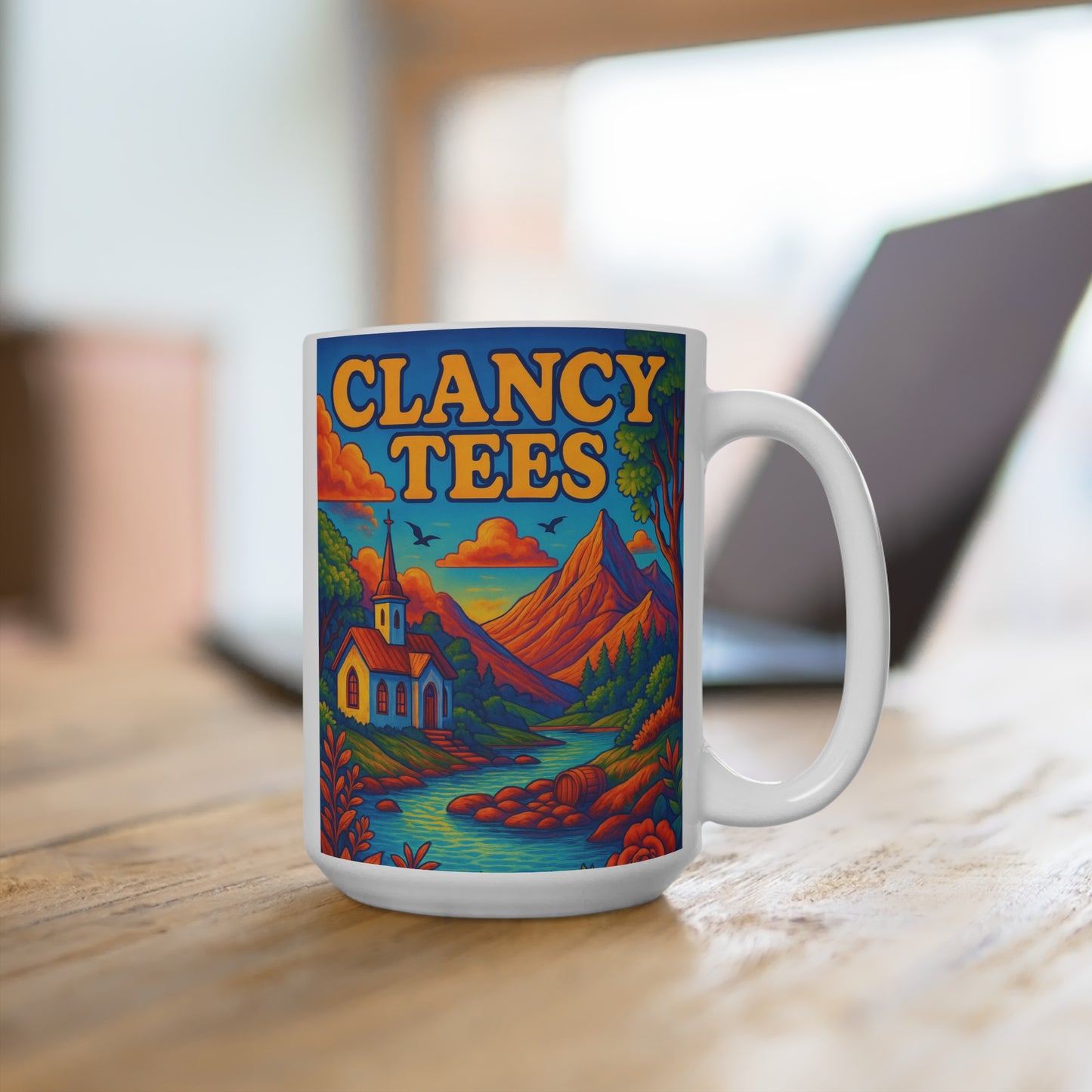 Colorful Mountain Landscape Coffee Mug Retro Church River Artwork Ceramic Cup Psychedelic Nature Scene Gift for Outdoors Lovers Unique Drinkware