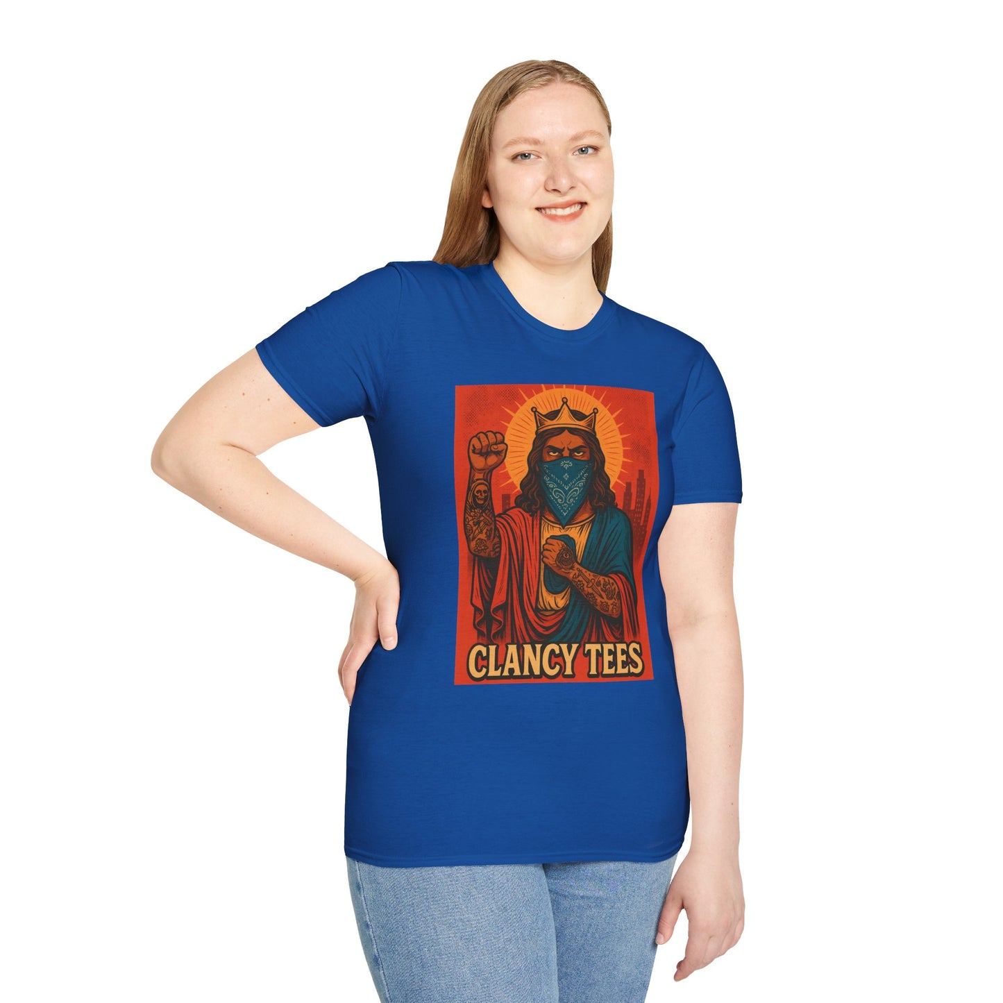 Tattooed Jesus Street Art Shirt – Clancy Tees | Urban Messiah Graphic Tee | Bold Religious Satire Shirt | King of the Block Tee