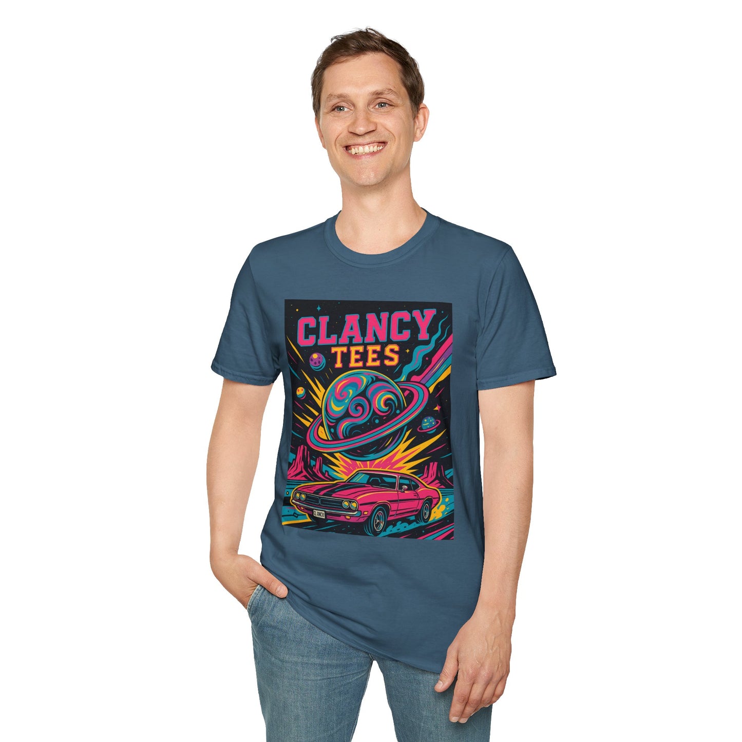 Retro UFO Car Crash Shirt – Clancy Tees Vaporwave Space Tee – Gift for Sci-Fi Fans, Vintage Car Lovers, Alien Believers, and 80s Aesthetic Addicts