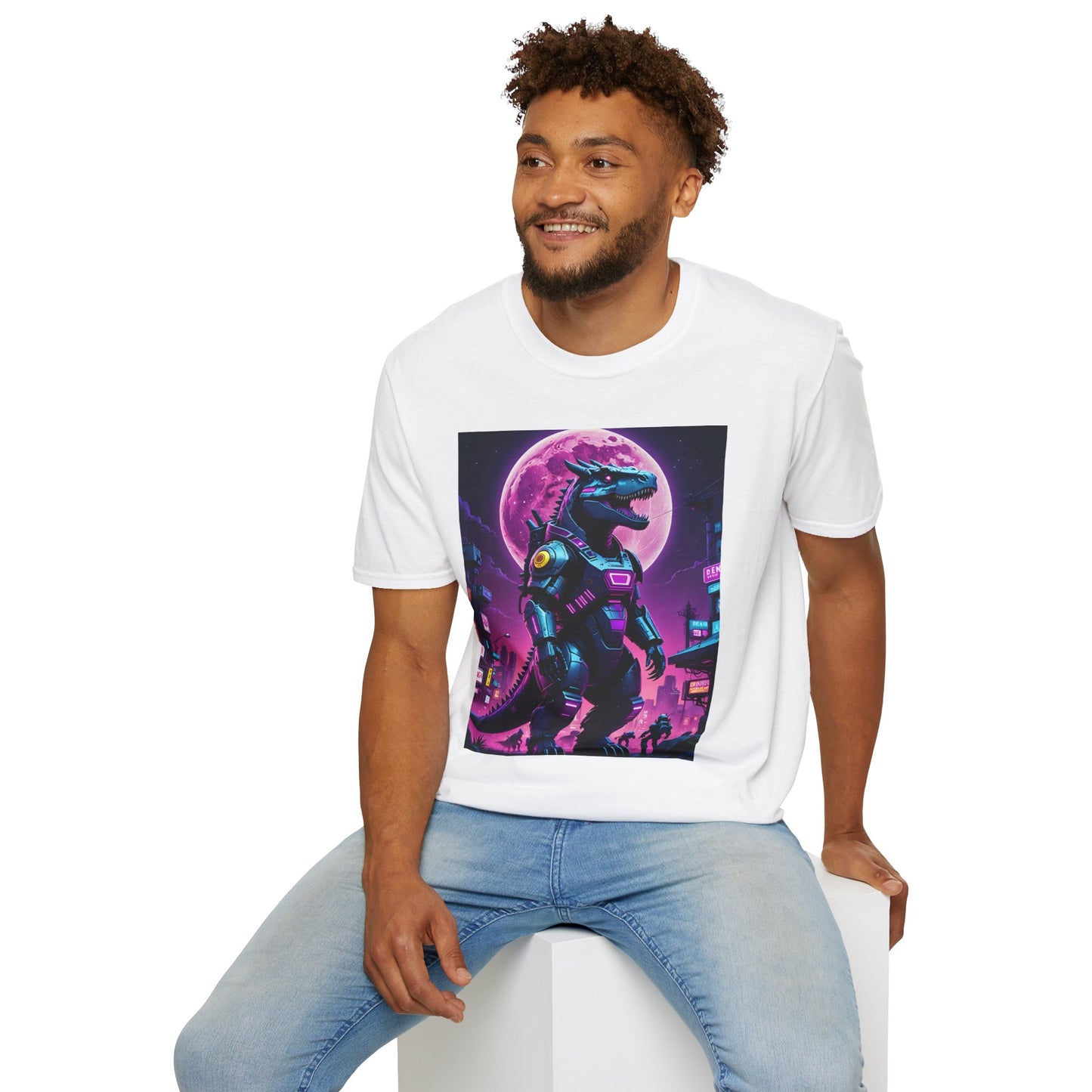 Cyberpunk Dinosaur T Shirt Neon Retro Graphic Tee Futuristic Monster Artwork Top Gift for Sci Fi Fans