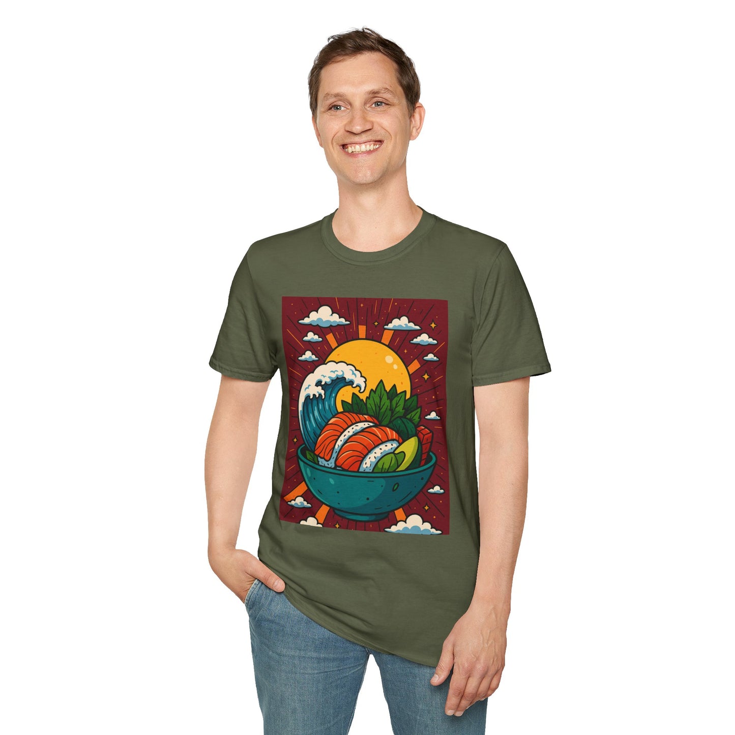 Sushi Wave T-Shirt – Retro Japanese Food Graphic Tee – Cool Sushi Shirt Gift for Foodies, Anime Fans, Ocean Lovers & Japanese Aesthetic Collectors