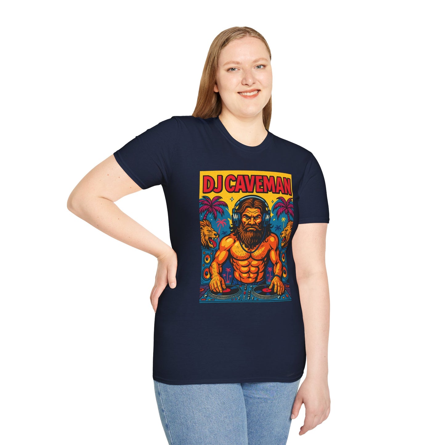 DJ Caveman T-Shirt Funny Rave Party Tee | Prehistoric Clubbing Shirt for Music Lovers | Gift for DJs and EDM Fans | Caveman Aesthetic Shirt