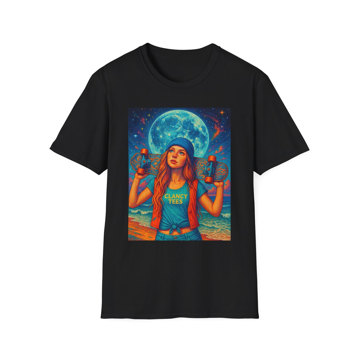 Bohemian Skater Girl Graphic Tee, Unisex T-Shirt with Moon & Nature Design, Perfect for Festivals, Gift for Nature Lovers, Summer Vibes, Casual Wear