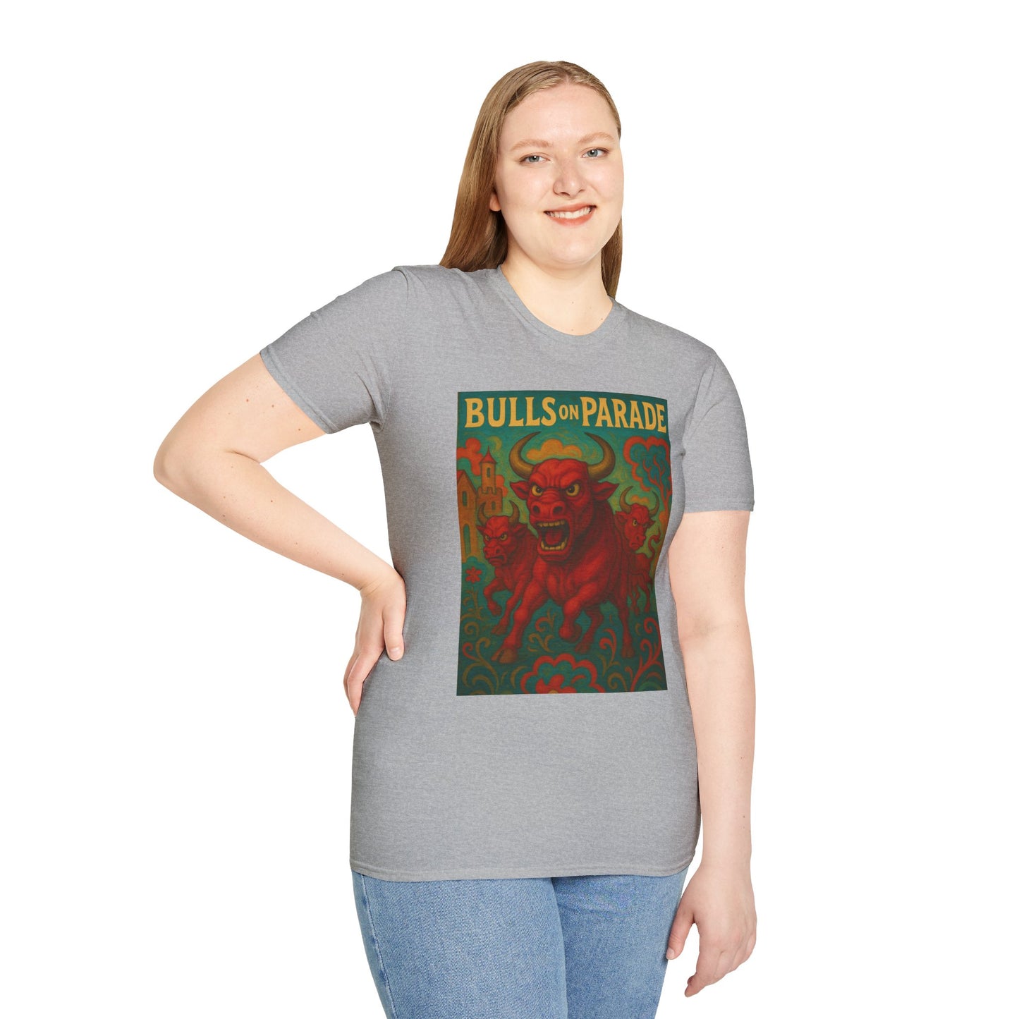 Bulls on Parade Shirt – Psychedelic Rage-Inspired Bull Graphic Tee • Gildan Softstyle® Unisex • Protest Art T-Shirt • Gift for Rage Fans