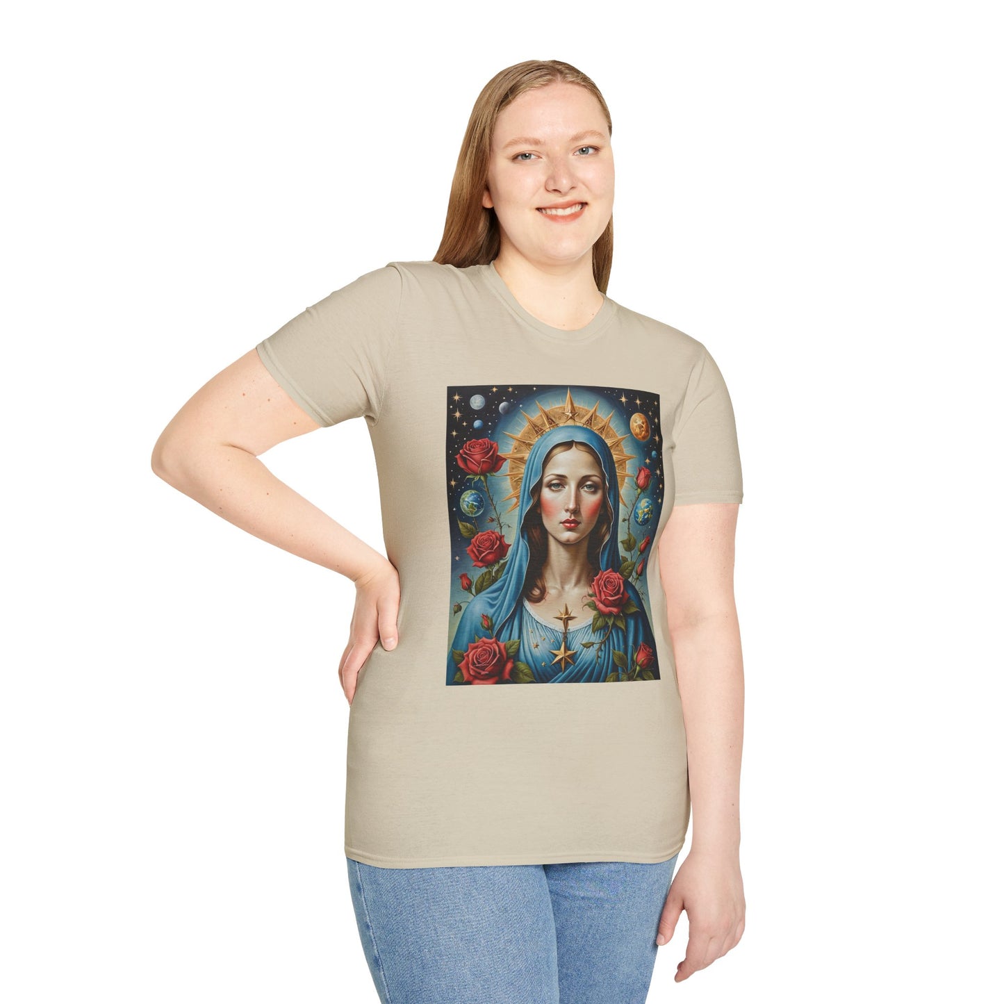 Artistic Virgin Mary T-Shirt, Vintage Graphic Tee, Religious Shirt, Christian Gift, Casual Wear