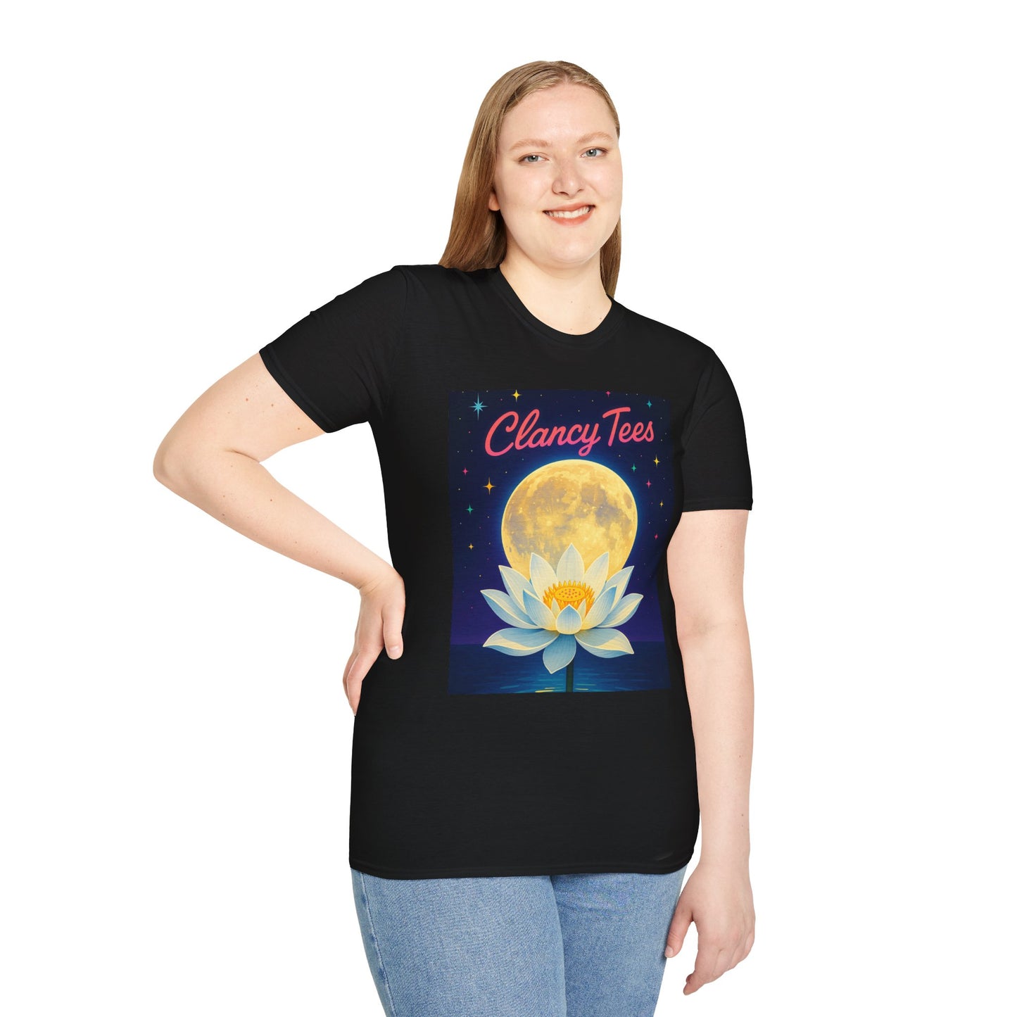 Moon Lotus Clancy Tees Shirt – Ethereal Floral T-Shirt with Full Moon Art – Gift for Nature Lovers, Yogis, Dreamers & Spiritual Aesthetic Fans