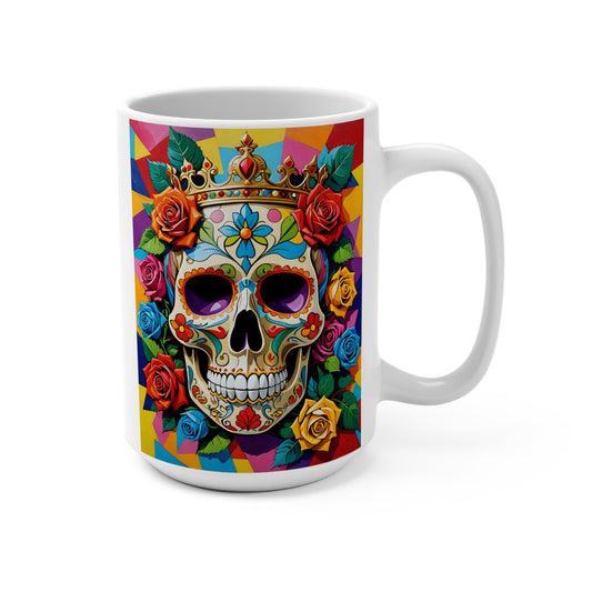 Sugar Skull Crown Mug – Colorful Day Of The Dead Coffee Cup, Gothic Skeleton Artwork, Boho Floral Gift