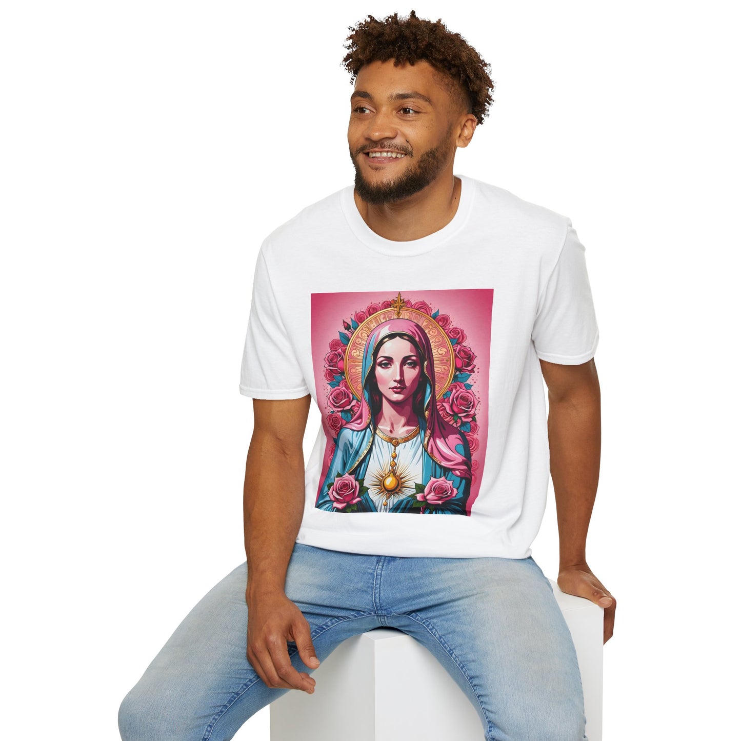 Unisex Softstyle T-Shirt with Sacred Heart Design, Spiritual Apparel, Artistic Gift for Many Occasions, Vintage Aesthetic, Festive Wear