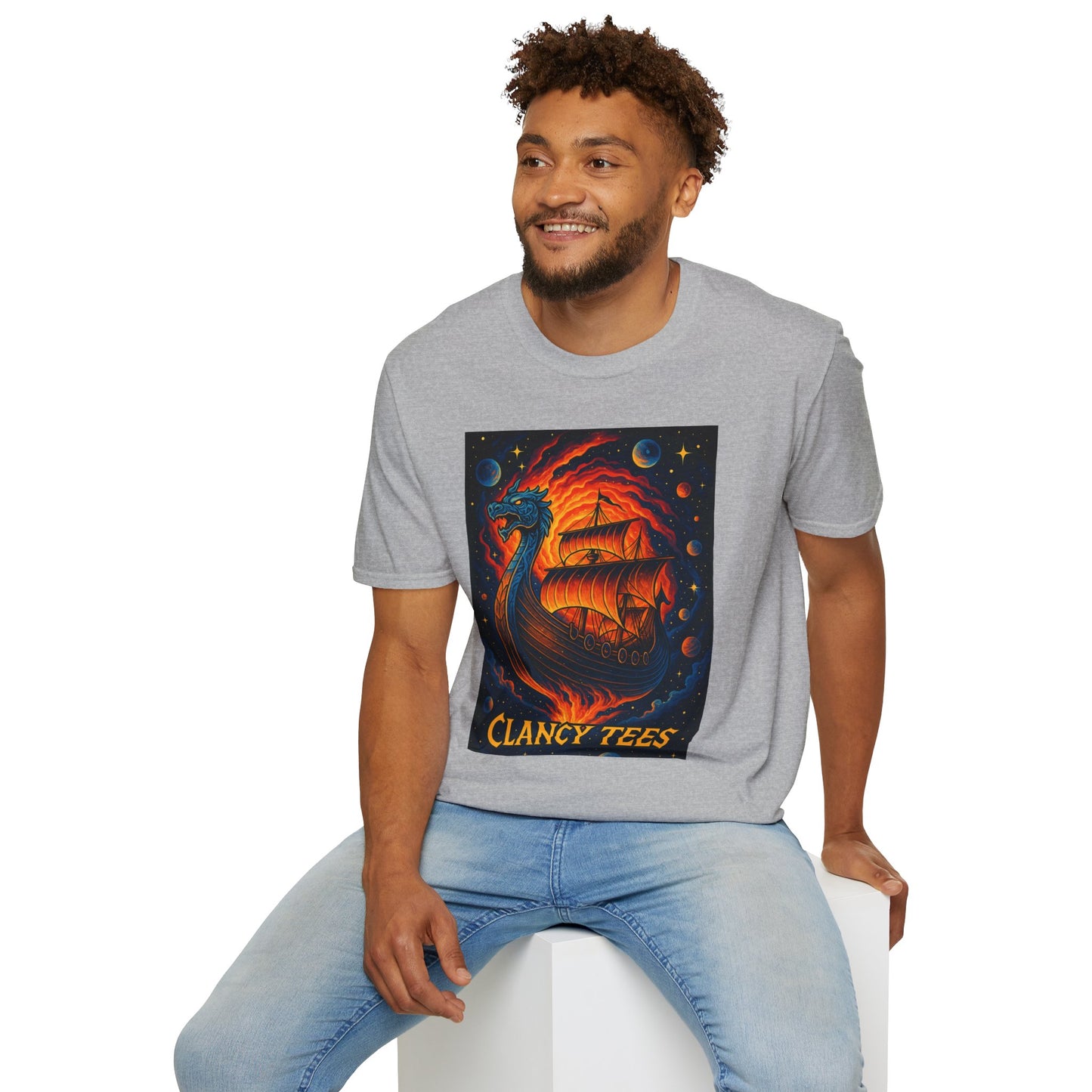 Viking Ship Dragon Shirt – Trippy Norse Mythology Tee with Fiery Cosmic Art – Bold Fantasy Graphic – Gift for Myth Lovers and Warrior Souls