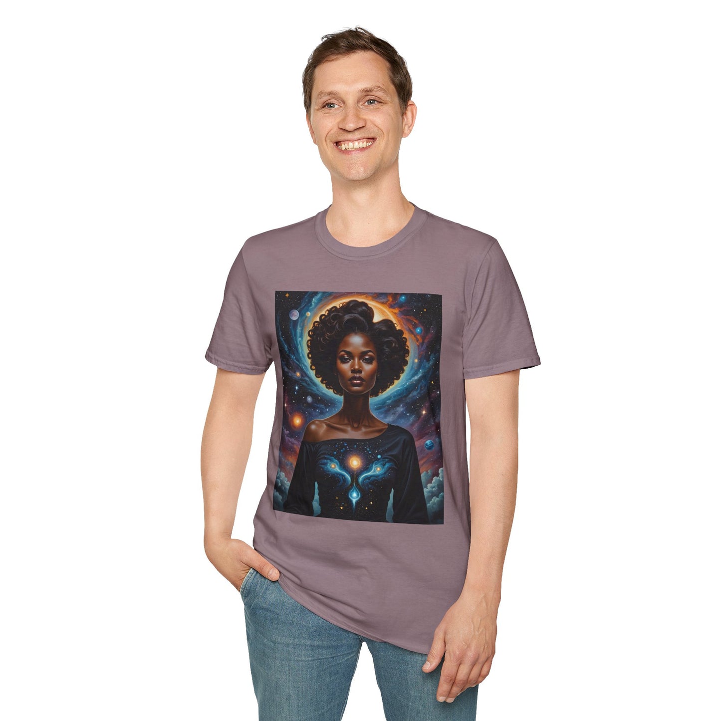 Afrofuturist Cosmic Energy T-Shirt – Celestial Power Graphic Tee, Spiritual Galaxy Shirt, Gift for Astrology Fans, Vibrant Universe Artwork