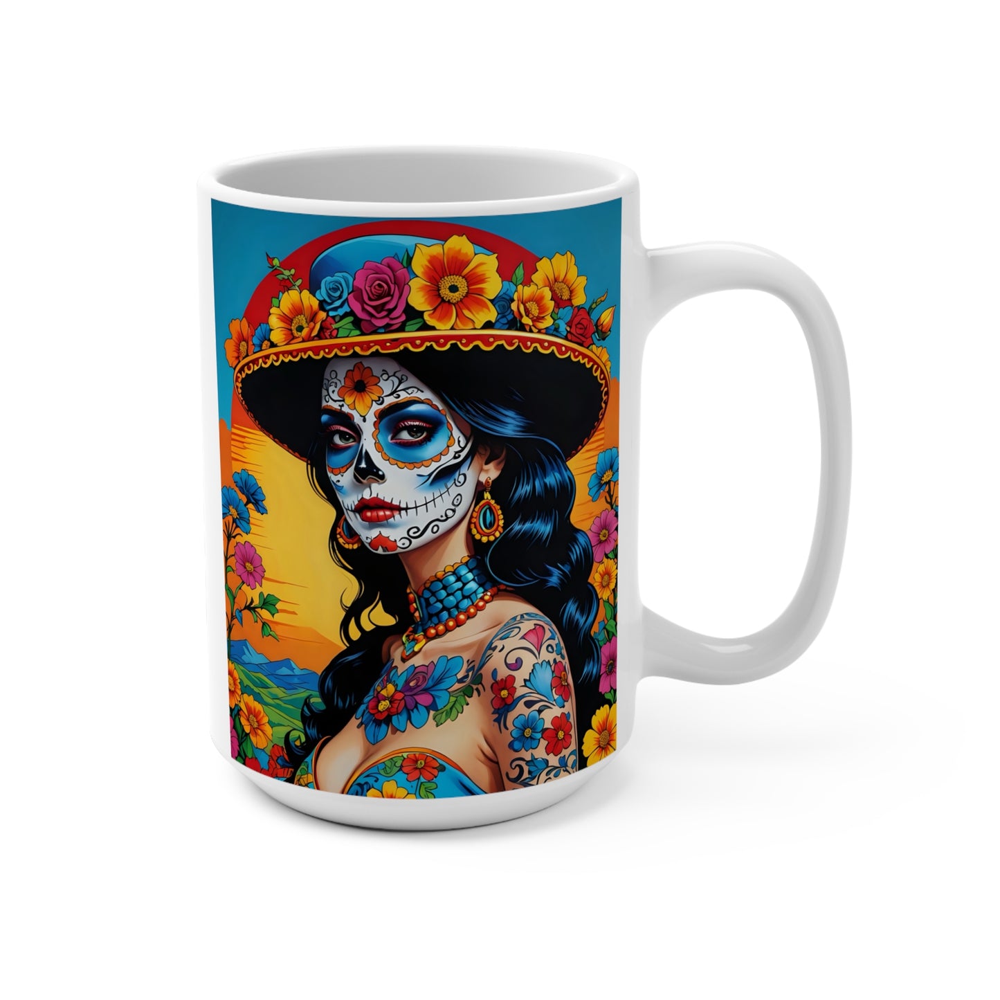 Colorful Sugar Skull Woman Mug – Dia De Los Muertos Coffee Cup With Floral Artwork, Mexican Folk Art Style, Gift For Art Lovers