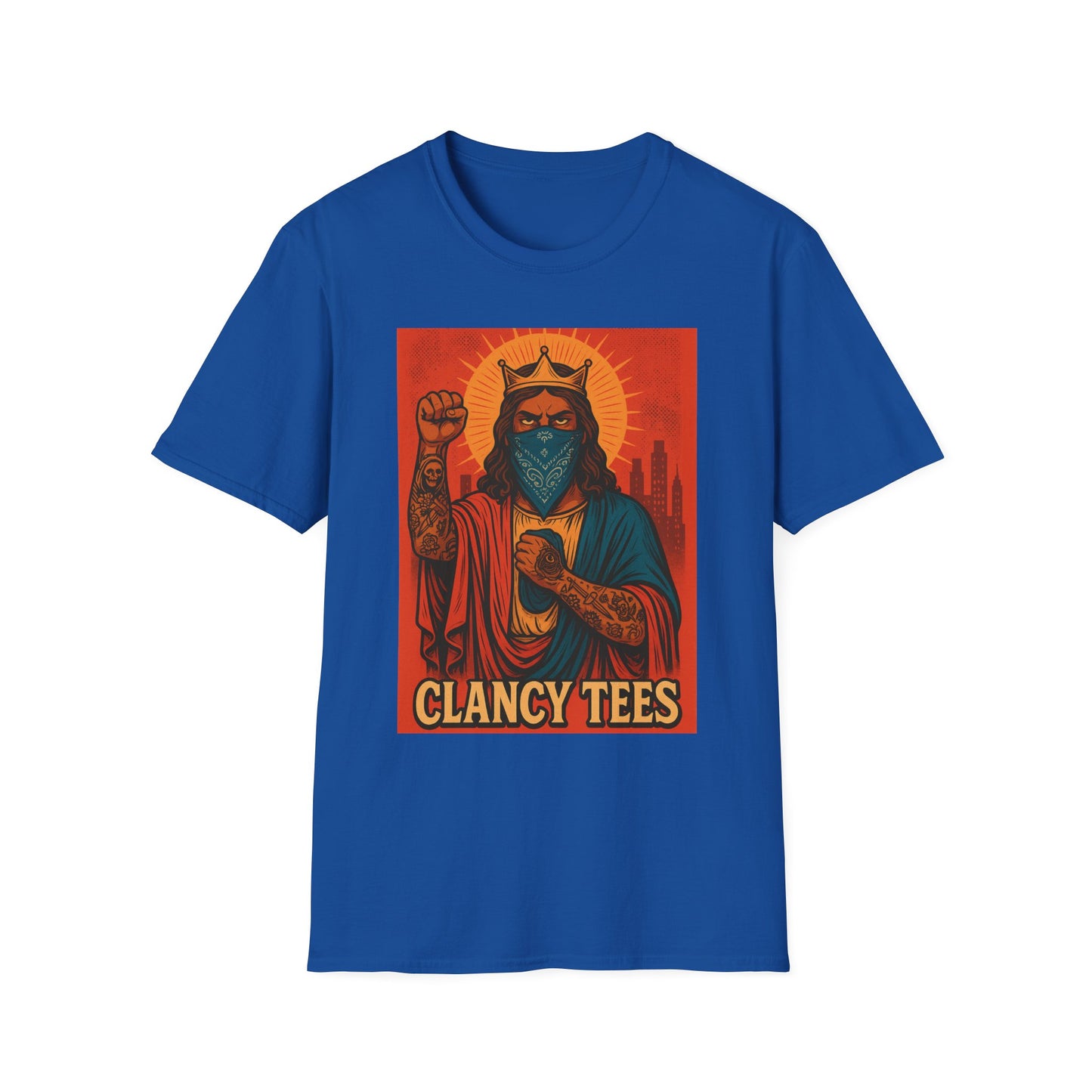 Tattooed Jesus Street Art Shirt – Clancy Tees | Urban Messiah Graphic Tee | Bold Religious Satire Shirt | King of the Block Tee