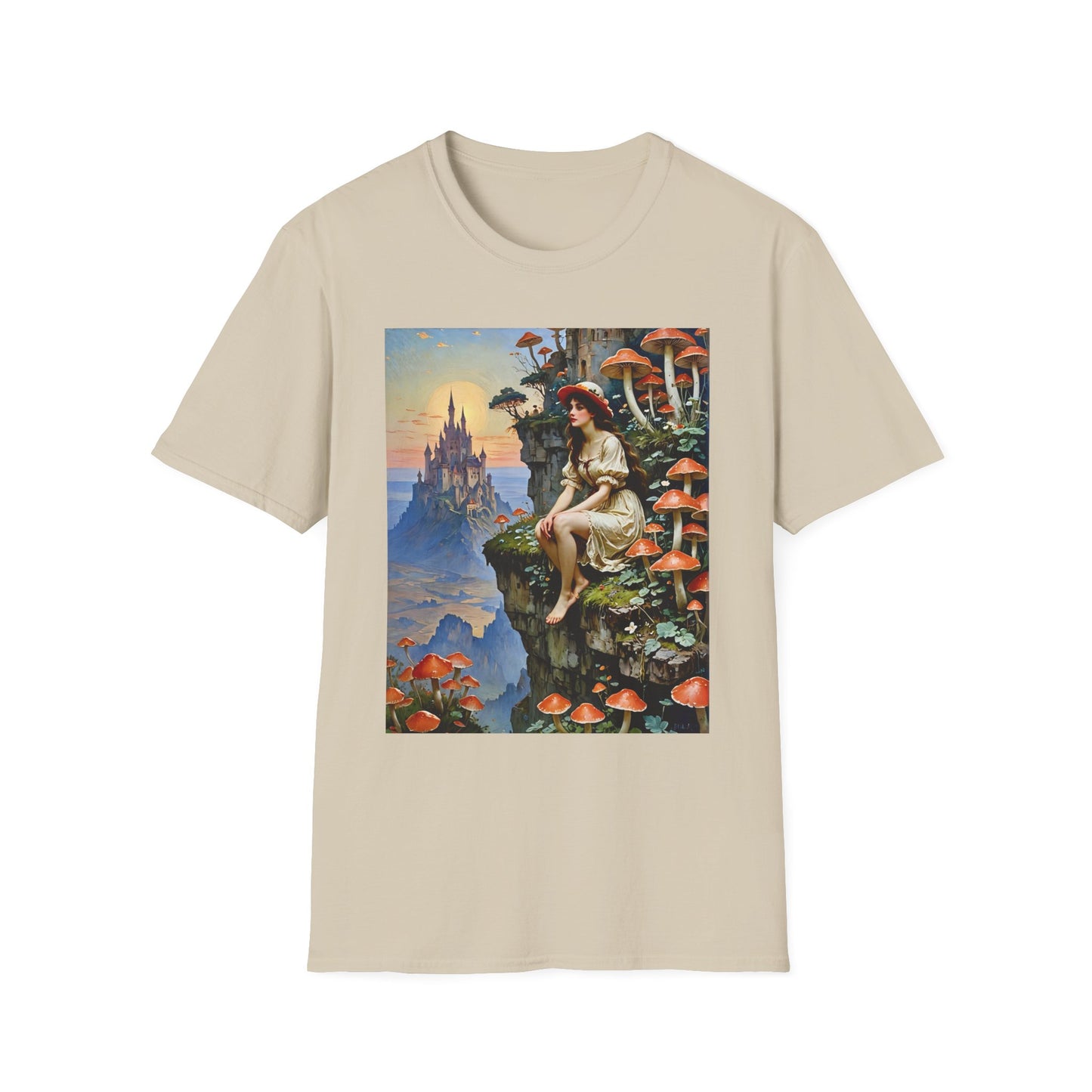 Fantasy Mushroom Fairy T-Shirt Enchanted Castle Cliffside Tee Surreal Magic Art Shirt Gift for Fantasy Fans Gift for Dreamers Psychedelic Nature Tee