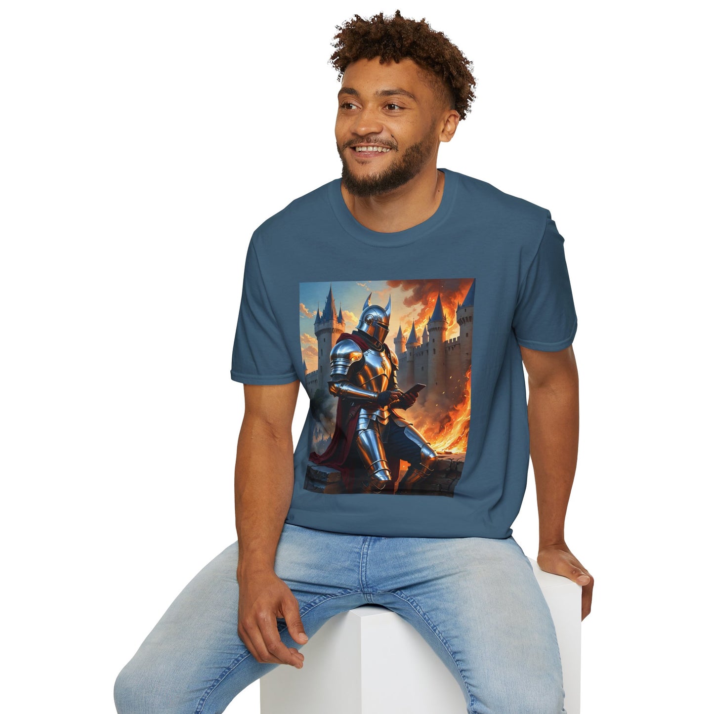 Knight in Burning Castle Shirt – Dark Fantasy Armor Tee – Gift for RPG Fans, Medieval Nerds, and Apocalyptic History Buffs