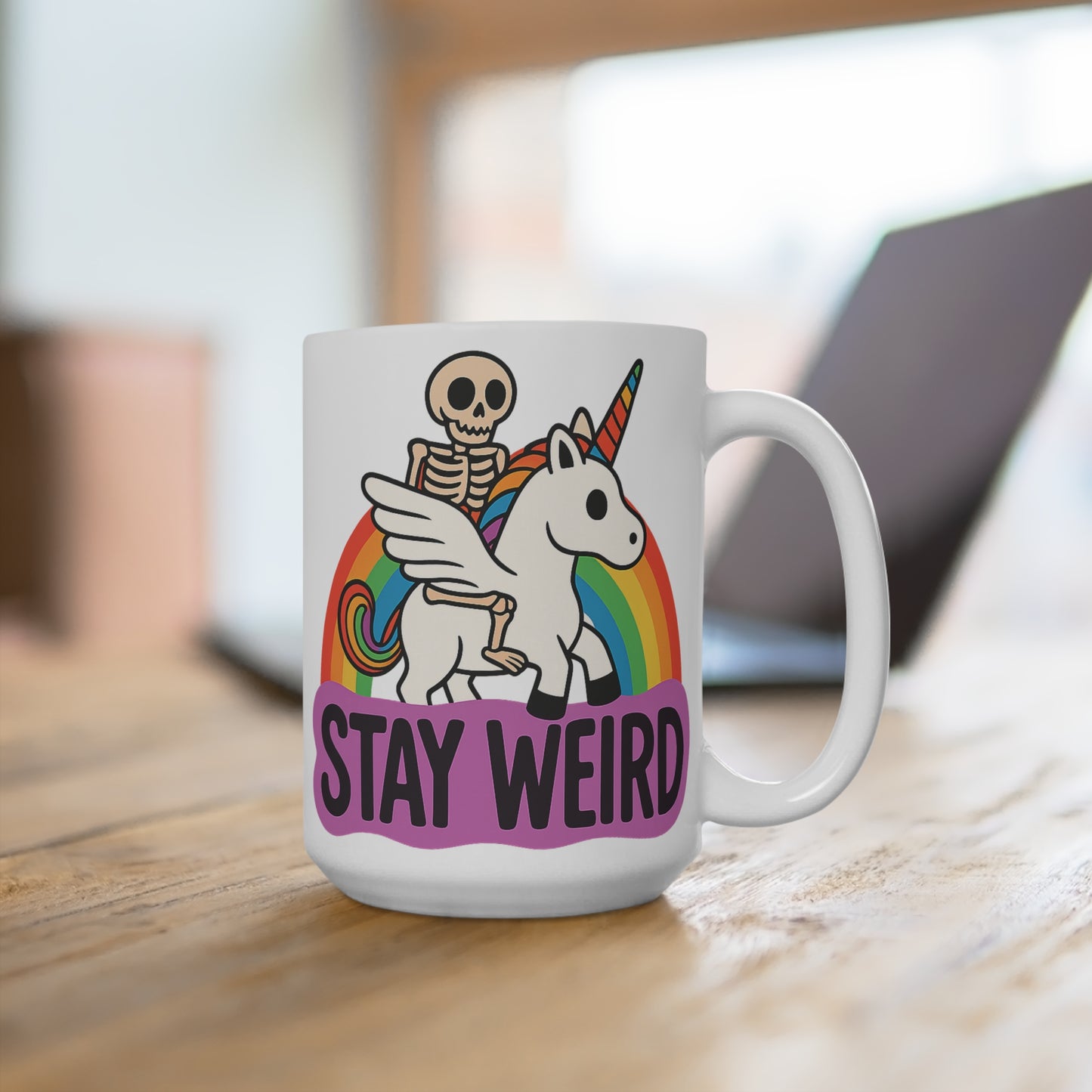 Stay Weird Coffee Mug – Funny Skeleton Unicorn Rainbow Cup, Quirky 15oz Ceramic Mug, Gift for Oddballs and Misfits