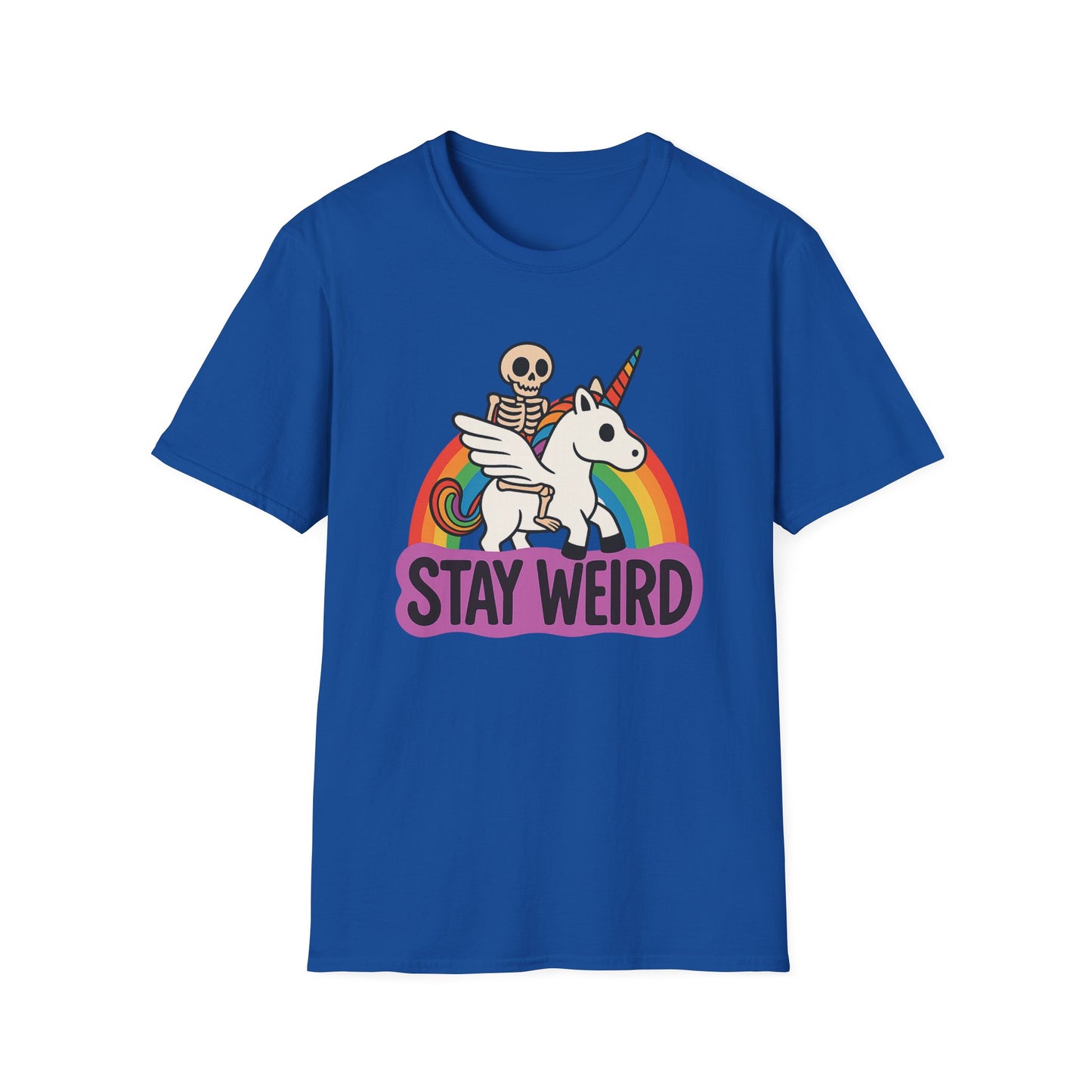 Stay Weird Skeleton Unicorn Shirt – Funny Rainbow Graphic Tee – Whimsical Weirdcore Clothing – Gift for Quirky Friends and Oddball Souls
