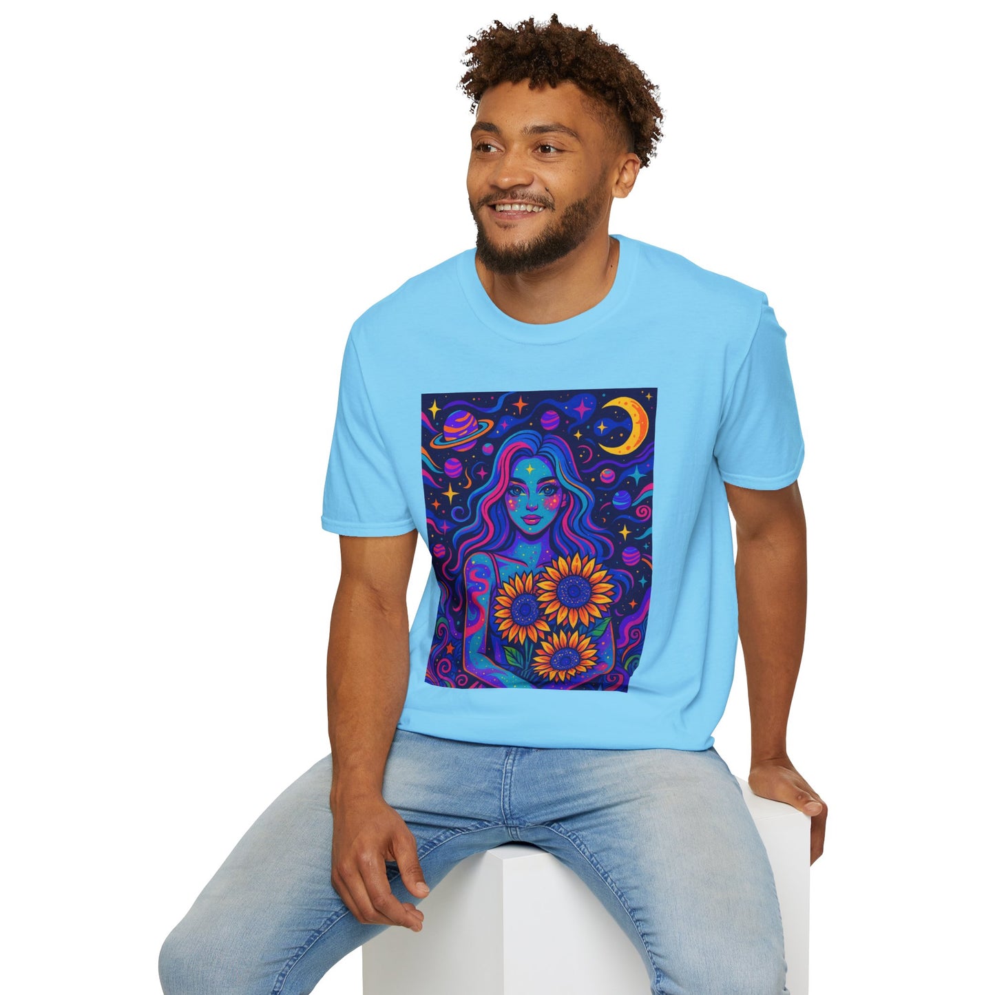 Psychedelic Sunflower Girl Shirt Trippy Space Goddess Tee Gift for Astrology Lovers Cosmic Art T Shirt for Hippies Star Gazers and Moon Magic Fans