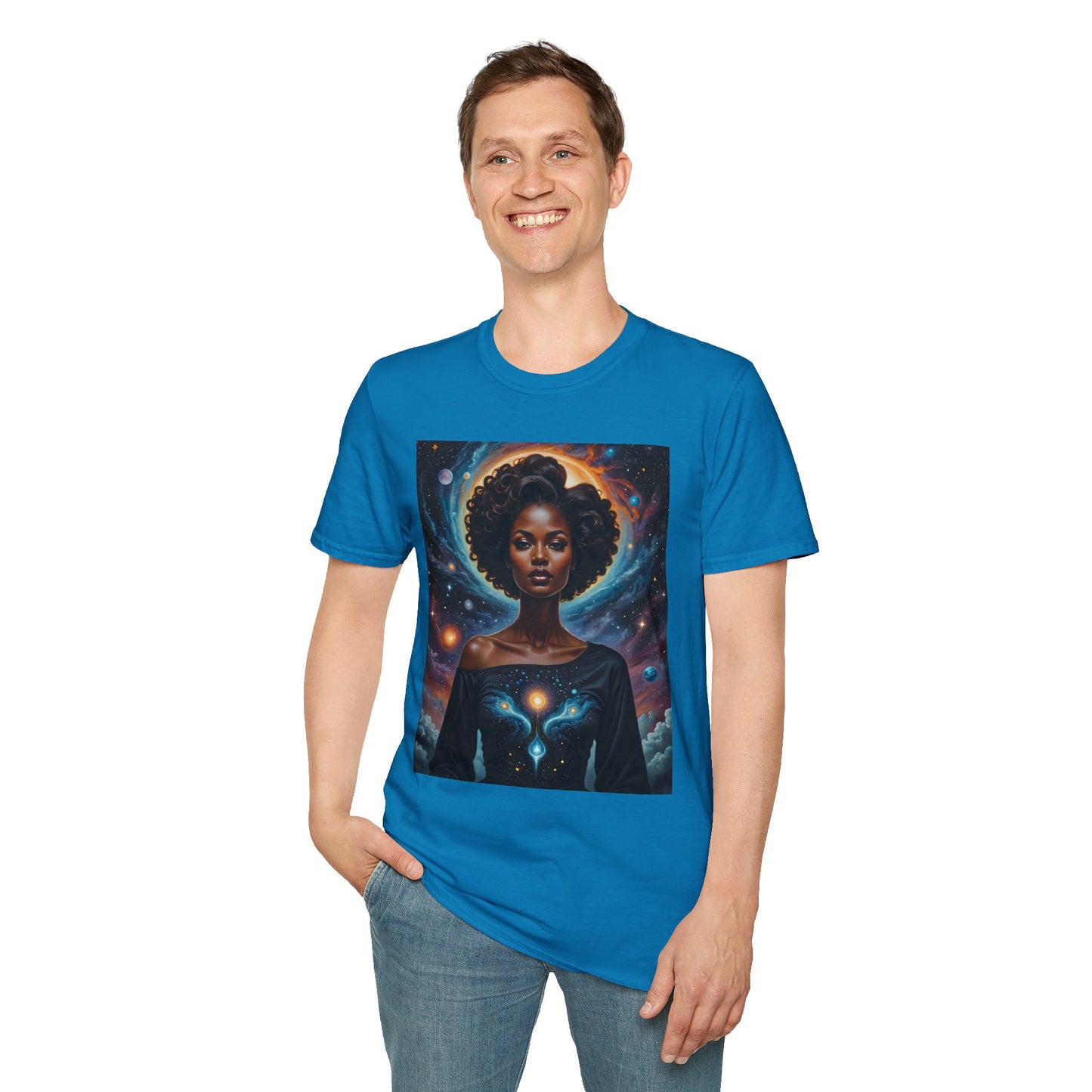 Afrofuturist Cosmic Energy T-Shirt – Celestial Power Graphic Tee, Spiritual Galaxy Shirt, Gift for Astrology Fans, Vibrant Universe Artwork