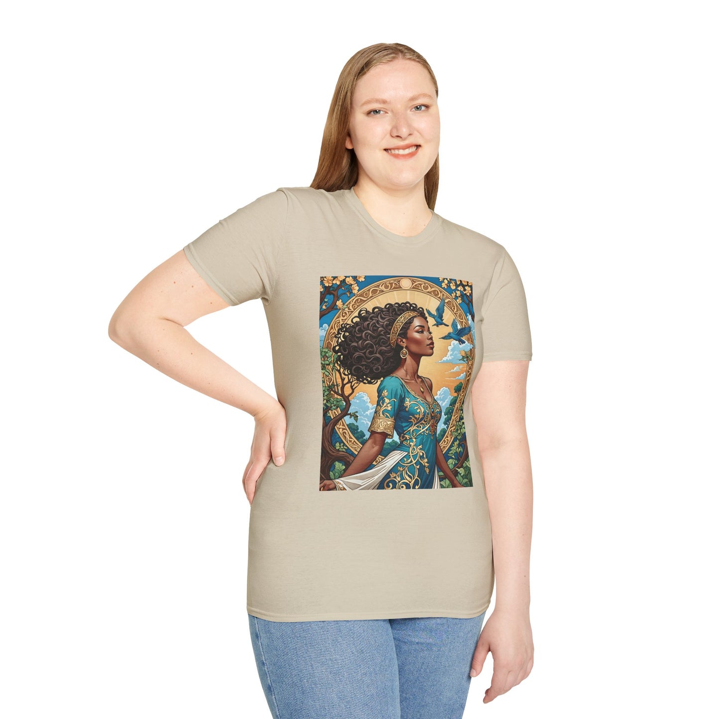 Bohemian Goddess T-Shirt, Unisex Softstyle Tee, Nature-Inspired Apparel, Gift for Women, Artistic Graphic Shirt, Eco-Friendly Fashion