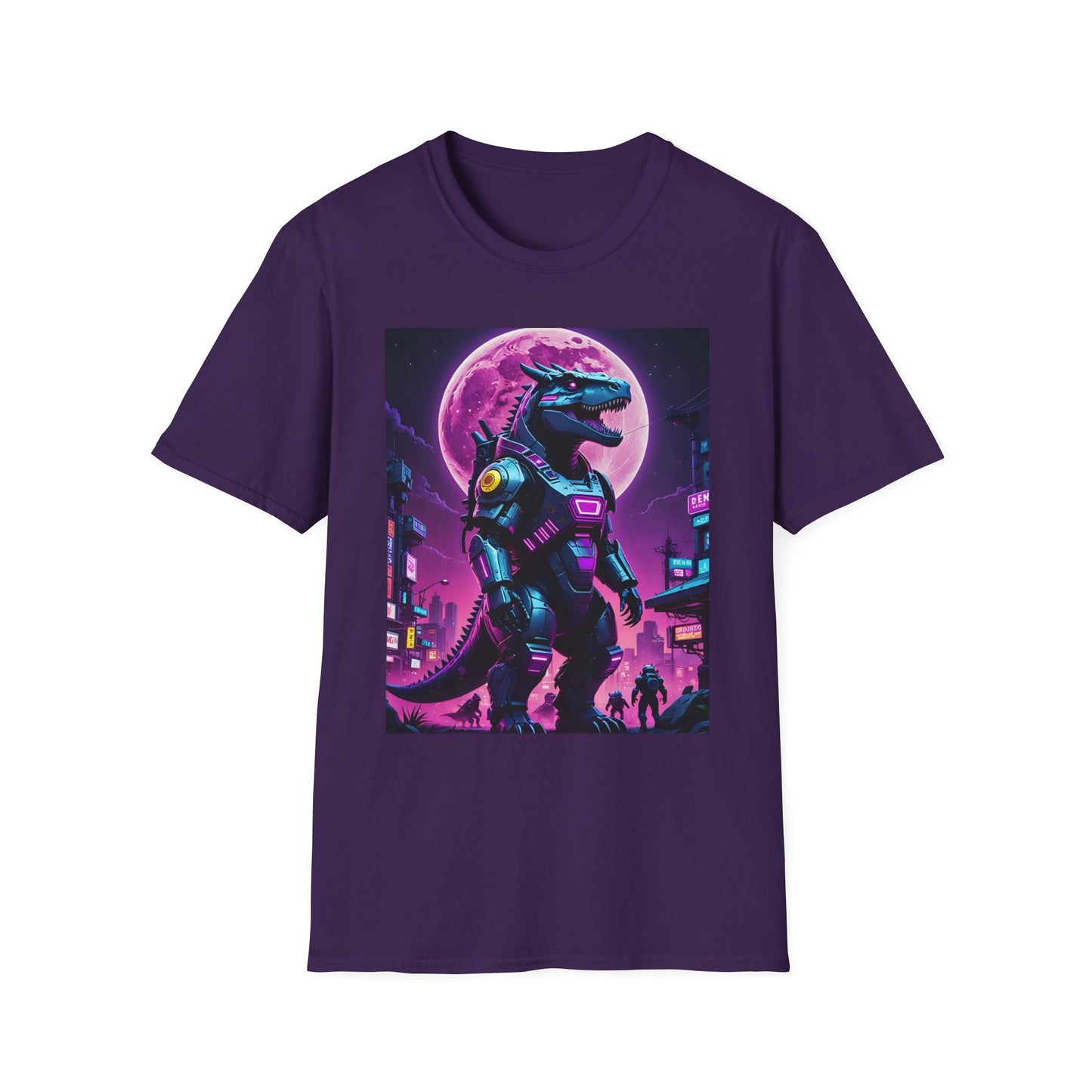 Cyberpunk Dinosaur T Shirt Neon Retro Graphic Tee Futuristic Monster Artwork Top Gift for Sci Fi Fans