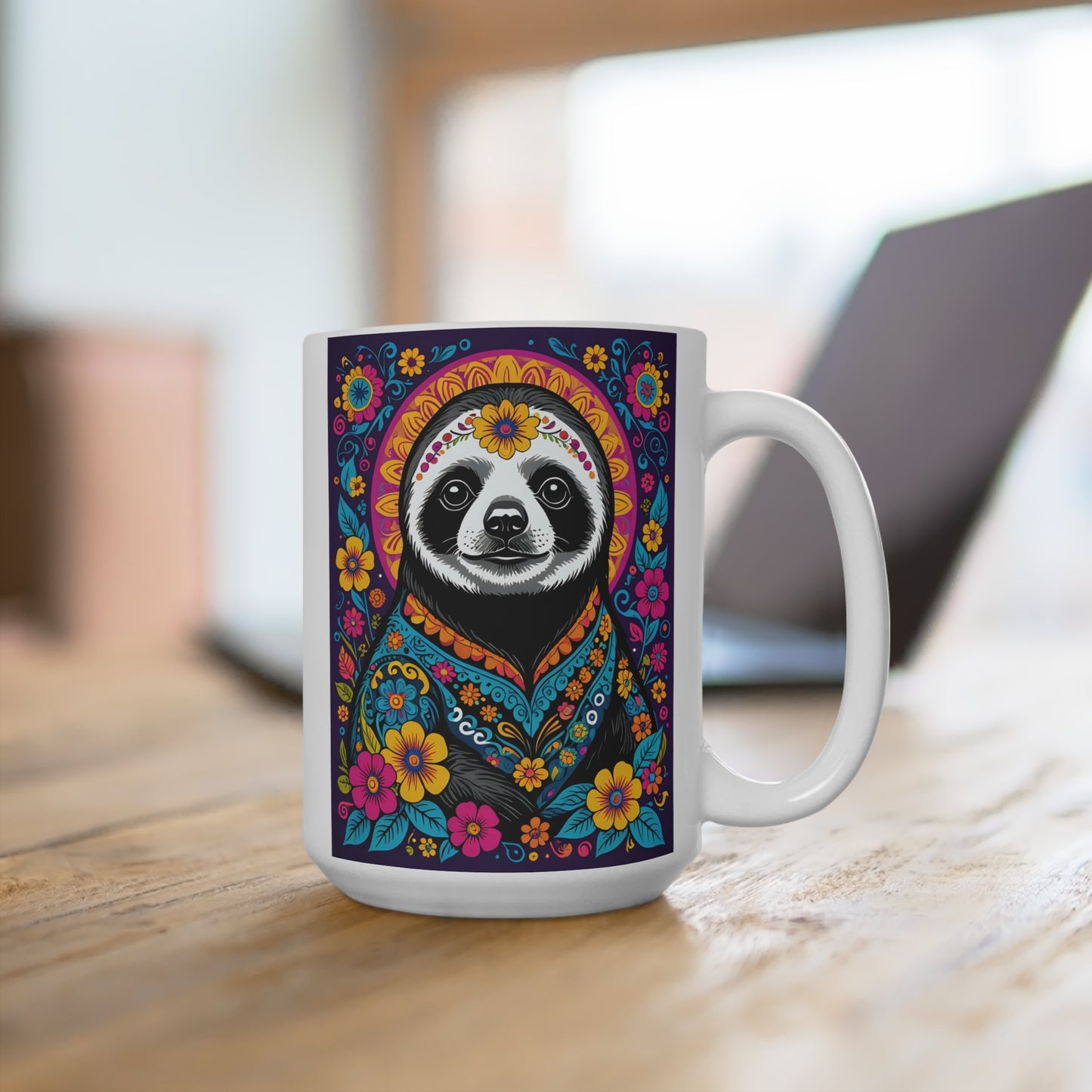Colorful Sloth Mug Folk Art Coffee Cup Unique Animal Lover Gift Ceramic Drinkware