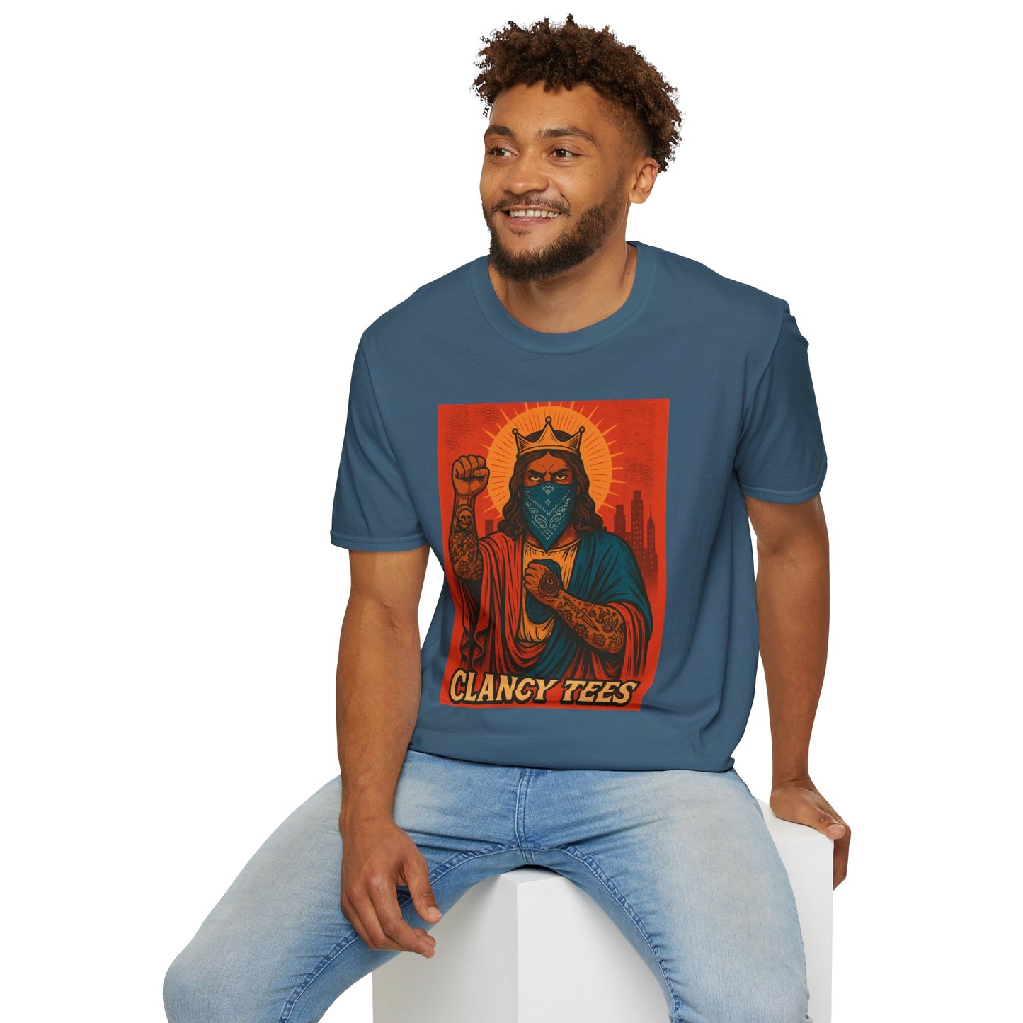 Tattooed Jesus Street Art Shirt – Clancy Tees | Urban Messiah Graphic Tee | Bold Religious Satire Shirt | King of the Block Tee