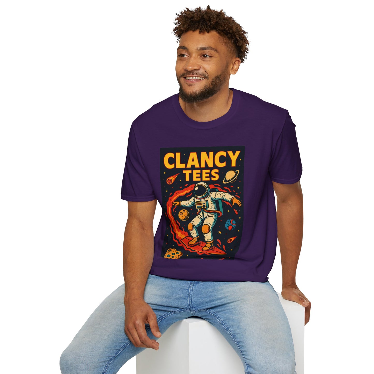Astronaut Surfing T-Shirt – Outer Space Surfer Tee – Gift for Sci-Fi Beach Bums, Stoner Surfers, and Cosmic Wave Riders