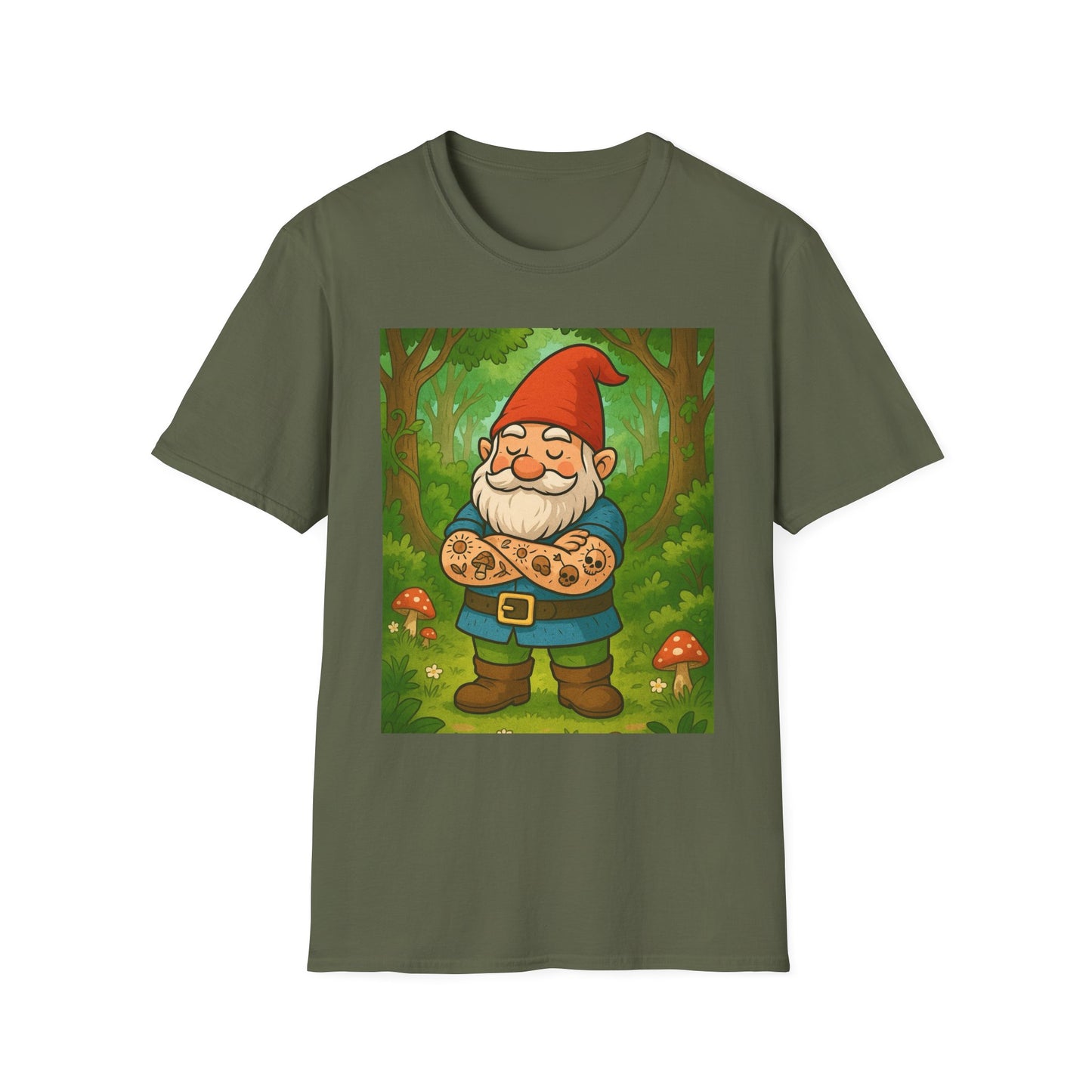 Tattooed Gnome T-Shirt – Funny Forest Inked Gnome Tee – Whimsical Tattoo Garden Shirt Gift for Mushroom Lovers, Gardeners, and Fantasy Fans