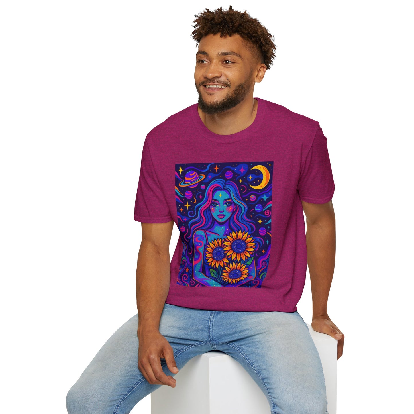 Psychedelic Sunflower Girl Shirt Trippy Space Goddess Tee Gift for Astrology Lovers Cosmic Art T Shirt for Hippies Star Gazers and Moon Magic Fans