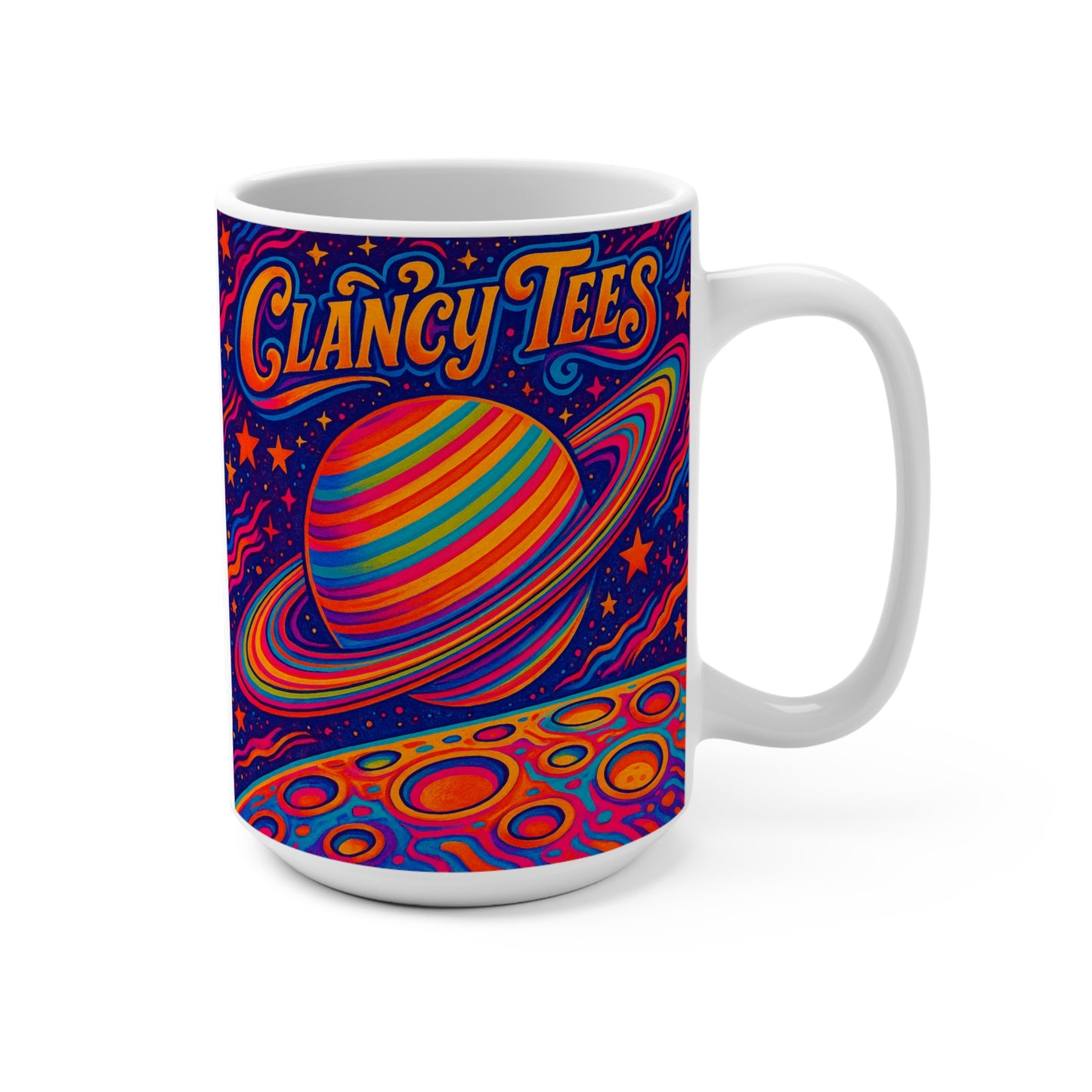 Clancy Tees Psychedelic Saturn Mug – Trippy Space Coffee Cup, Retro Galaxy Gift, Colorful Cosmic Energy Mug