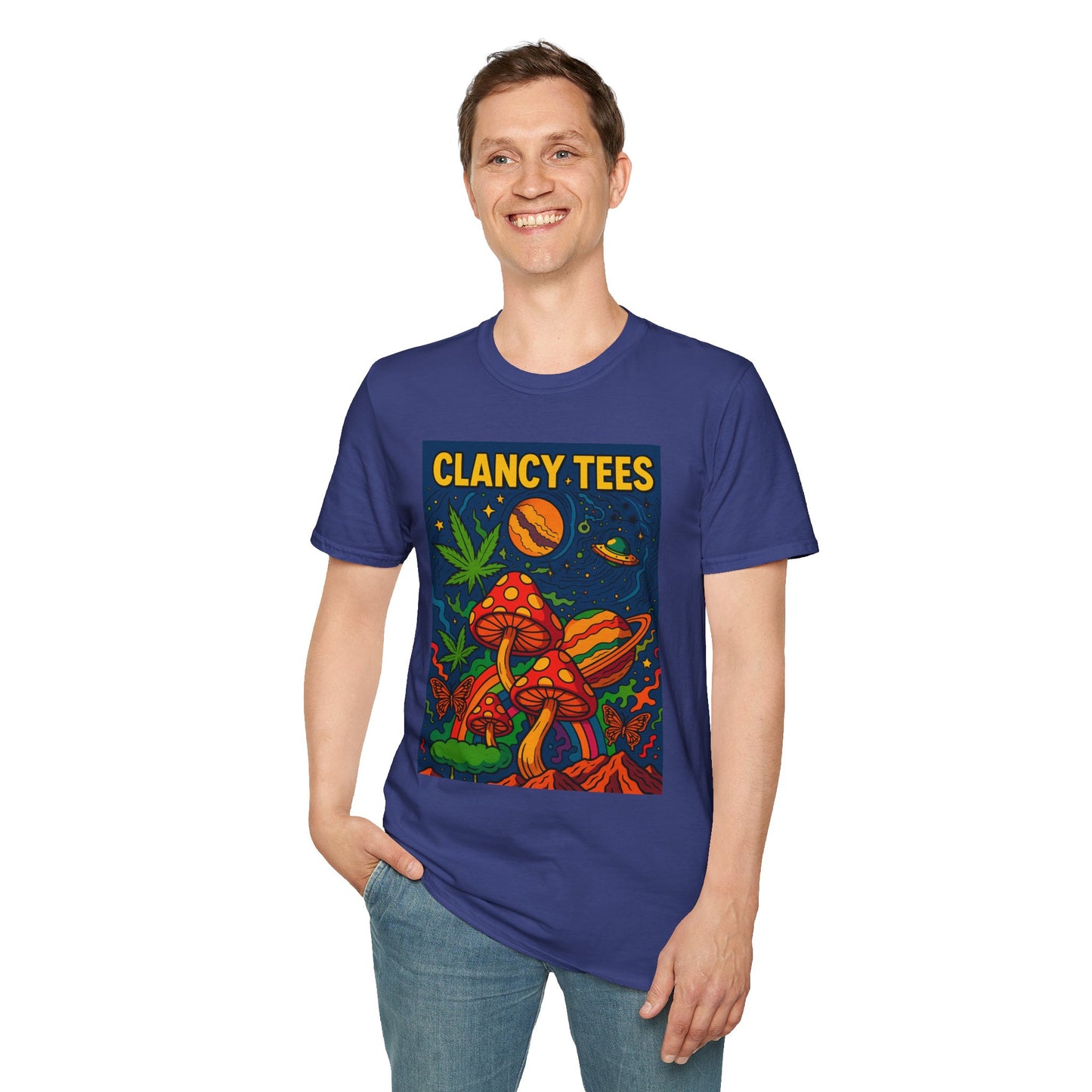 Trippy Mushroom Graphic T Shirt Psychedelic Space Art Tee Cosmic Fungi Illustration Unisex Softstyle Gift for Stoner Friends Gift for Psychedelic Fans